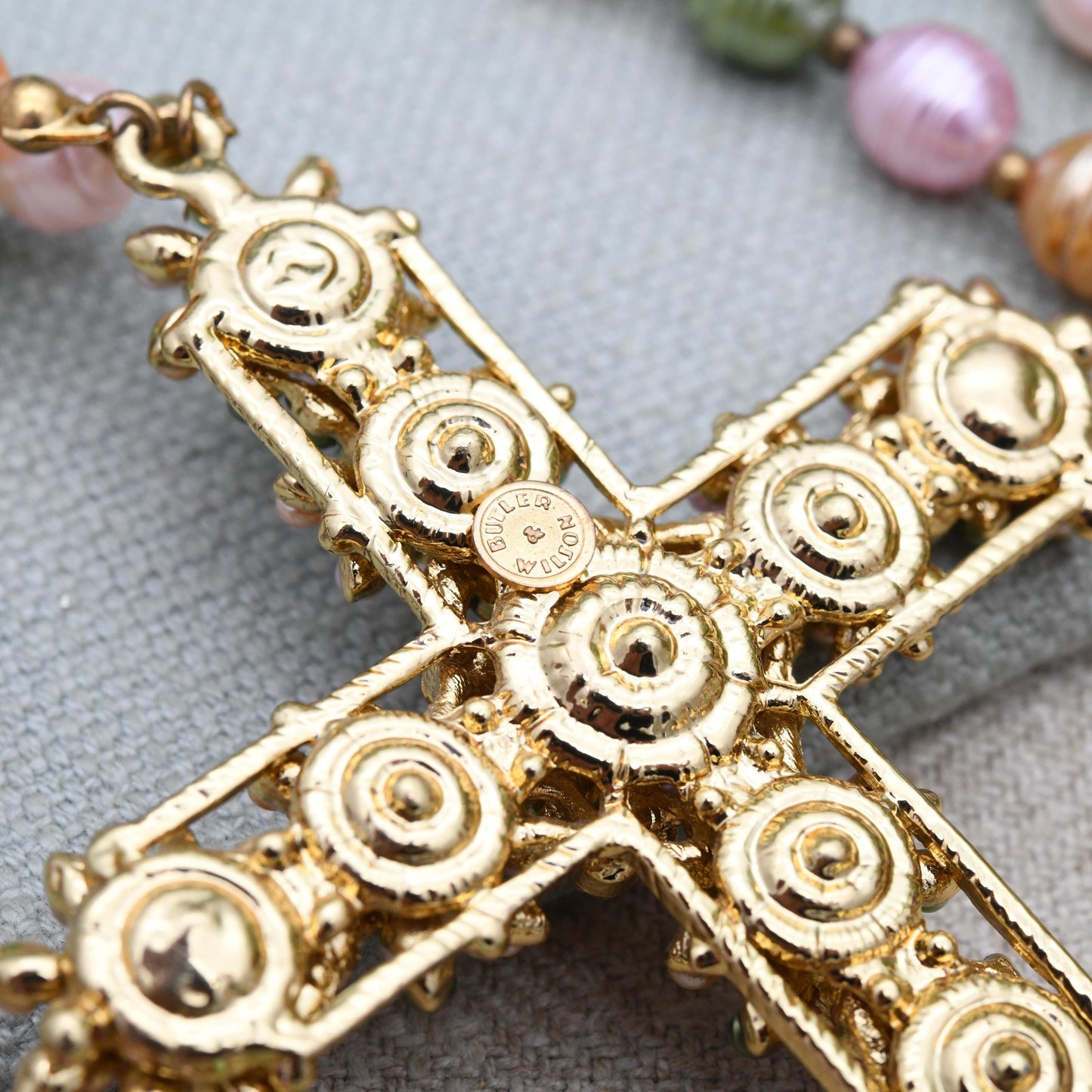 Vintage Butler and Wilson Faux Pearl Cross Necklace B&W with Colourful Stones - Branded Costume Jewellery