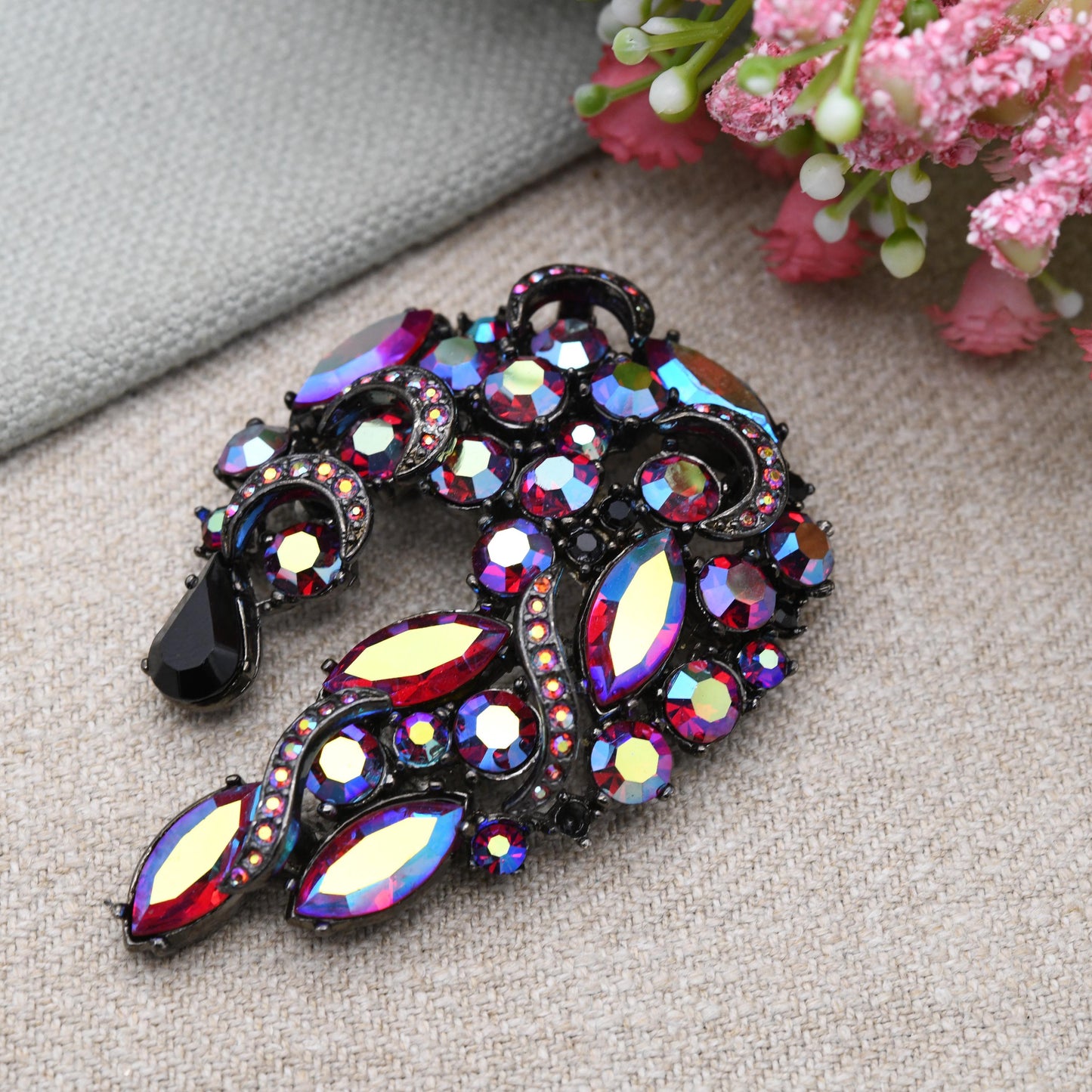 Vintage Butler and Wilson Carnival Glass Crystal Brooch by Sphinx c. 1960s B&W - Large Aurora Borealis Costume Jewellery