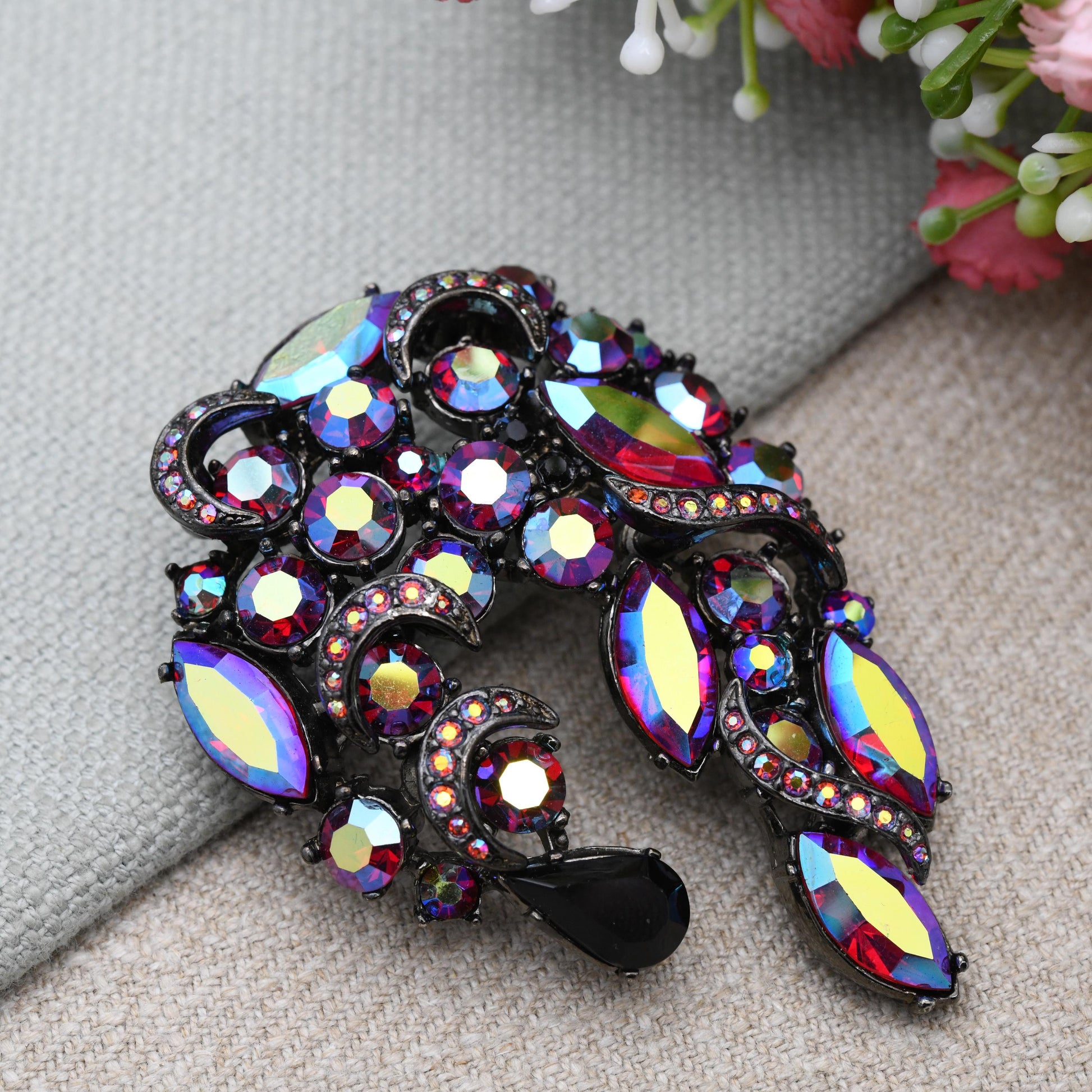 Vintage Butler and Wilson Carnival Glass Crystal Brooch by Sphinx c. 1960s B&W - Large Aurora Borealis Costume Jewellery