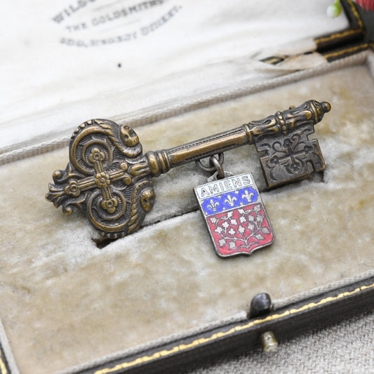 Antique French Amiens Key to the City Enamel Flag Brooch