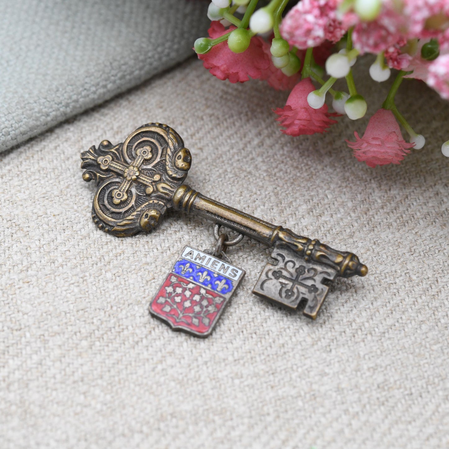 Antique French Amiens Key to the City Enamel Flag Brooch