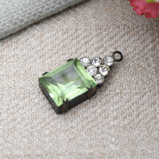 Antique Silver Green Stone Pendant c. 1920s - Charm Necklace Stack Pretty Gift for Her