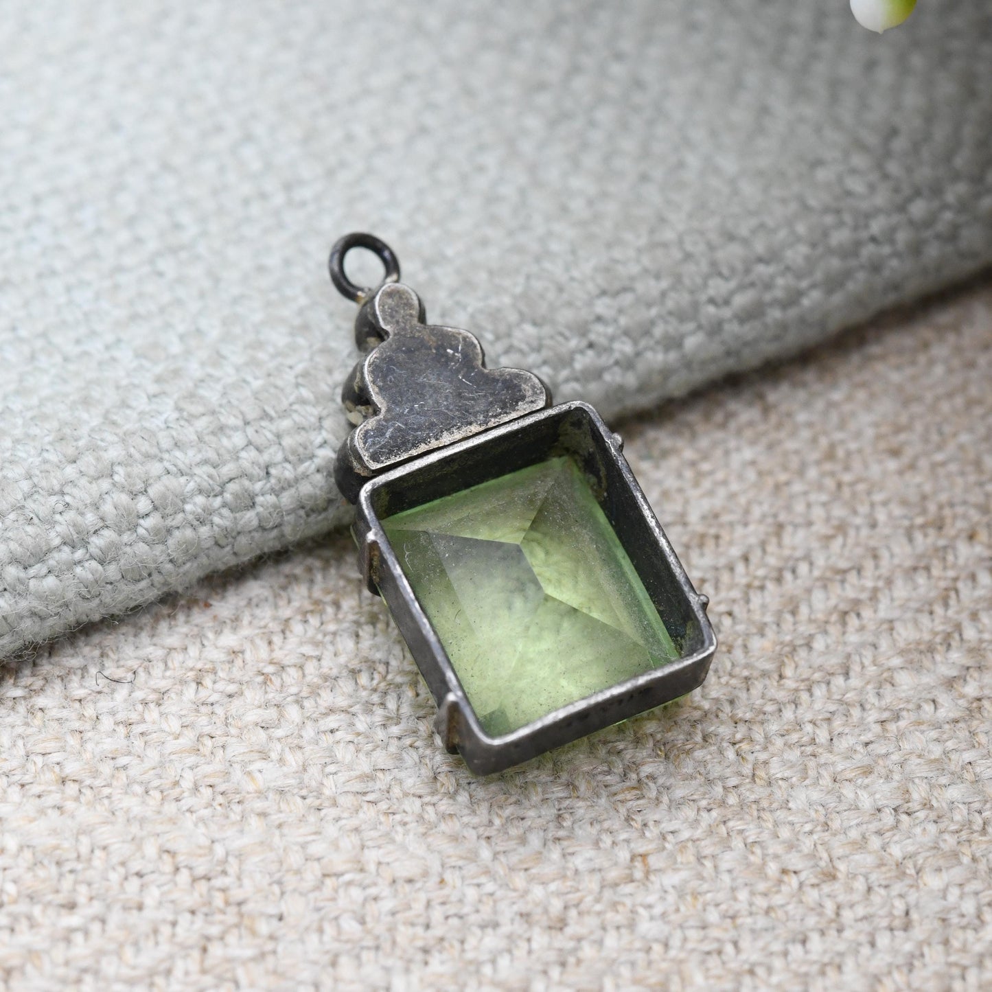 Antique Silver Green Stone Pendant c. 1920s - Charm Necklace Stack Pretty Gift for Her