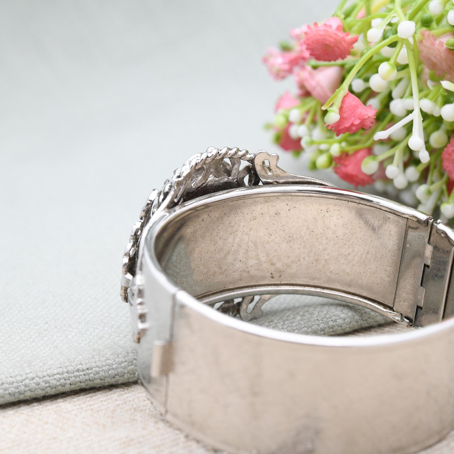 Vintage Whiting & Davis Bangle with Large Purple Cabochon Stone c. 1960s - Chunky Ornate Antique Style