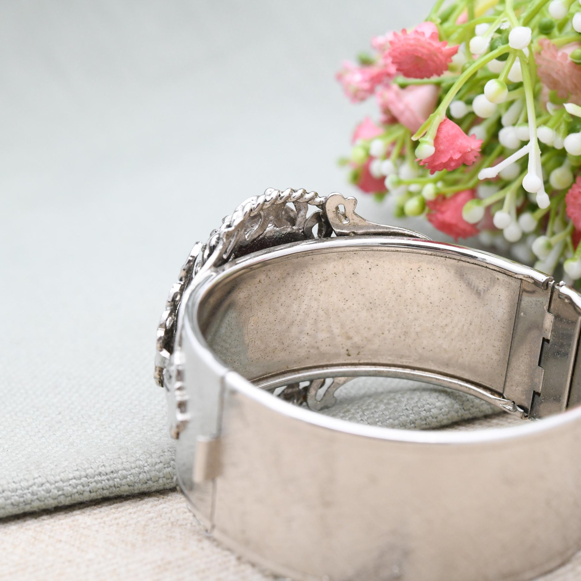 Vintage Whiting & Davis Bangle with Large Purple Cabochon Stone c. 1960s - Chunky Ornate Antique Style