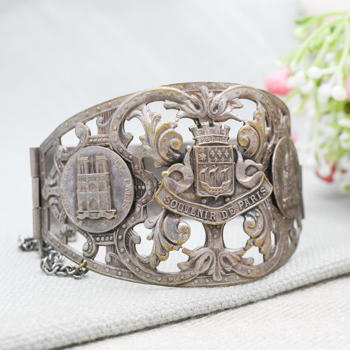Vintage French Paris Souvenir Bangle Bracelet with Pin Fastening c. 1950s - Souvenir de Paris Notre Dame Montmartre