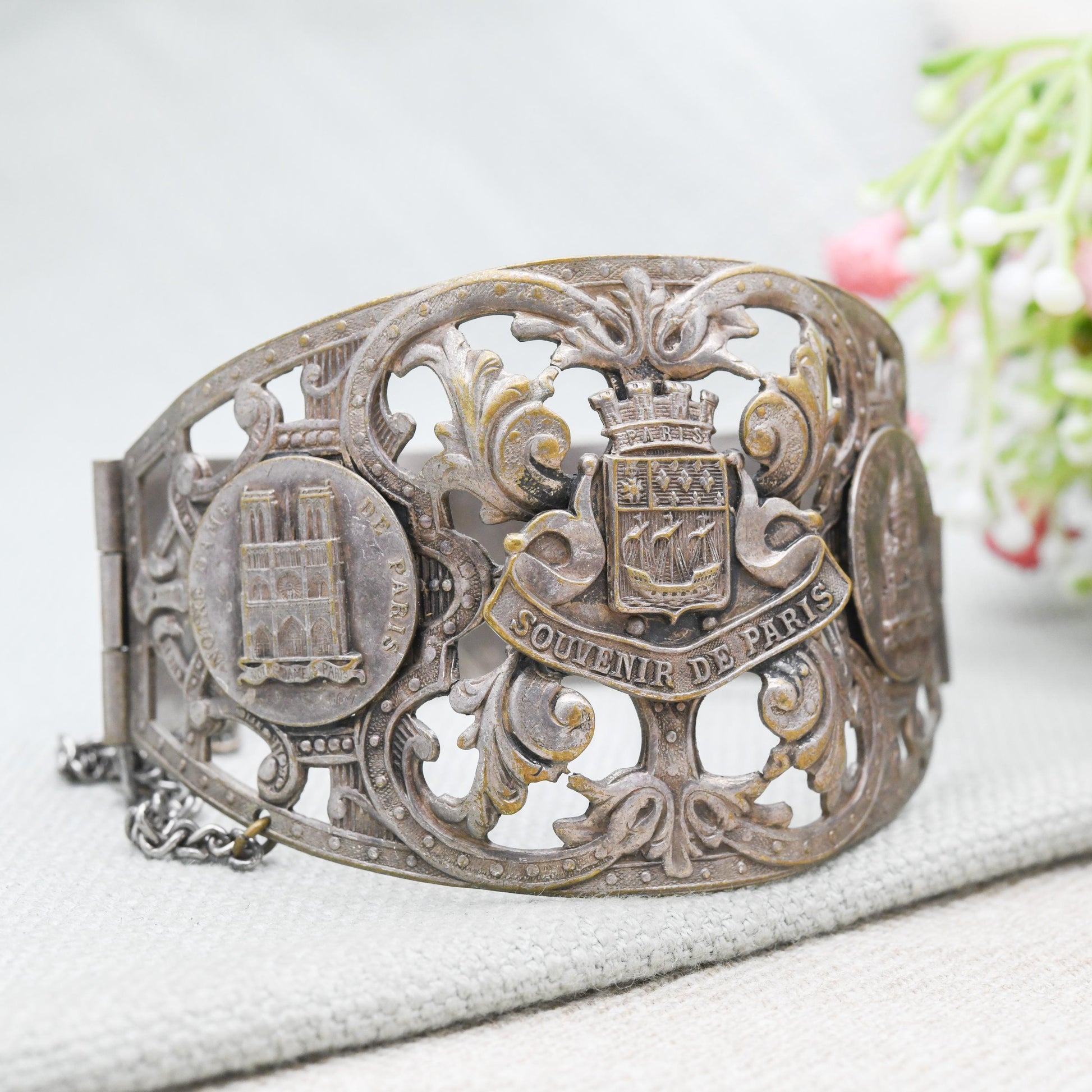 Vintage French Paris Souvenir Bangle Bracelet with Pin Fastening c. 1950s - Souvenir de Paris Notre Dame Montmartre