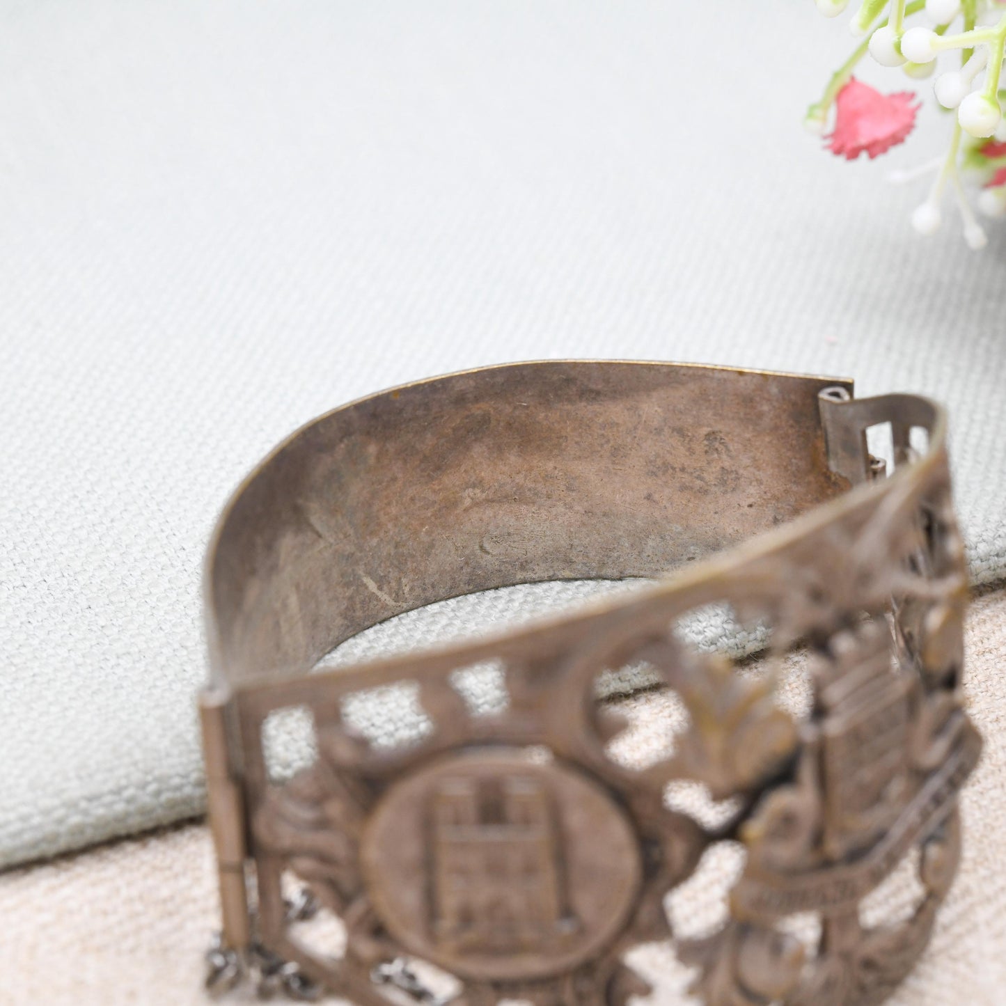Vintage French Paris Souvenir Bangle Bracelet with Pin Fastening c. 1950s - Souvenir de Paris Notre Dame Montmartre