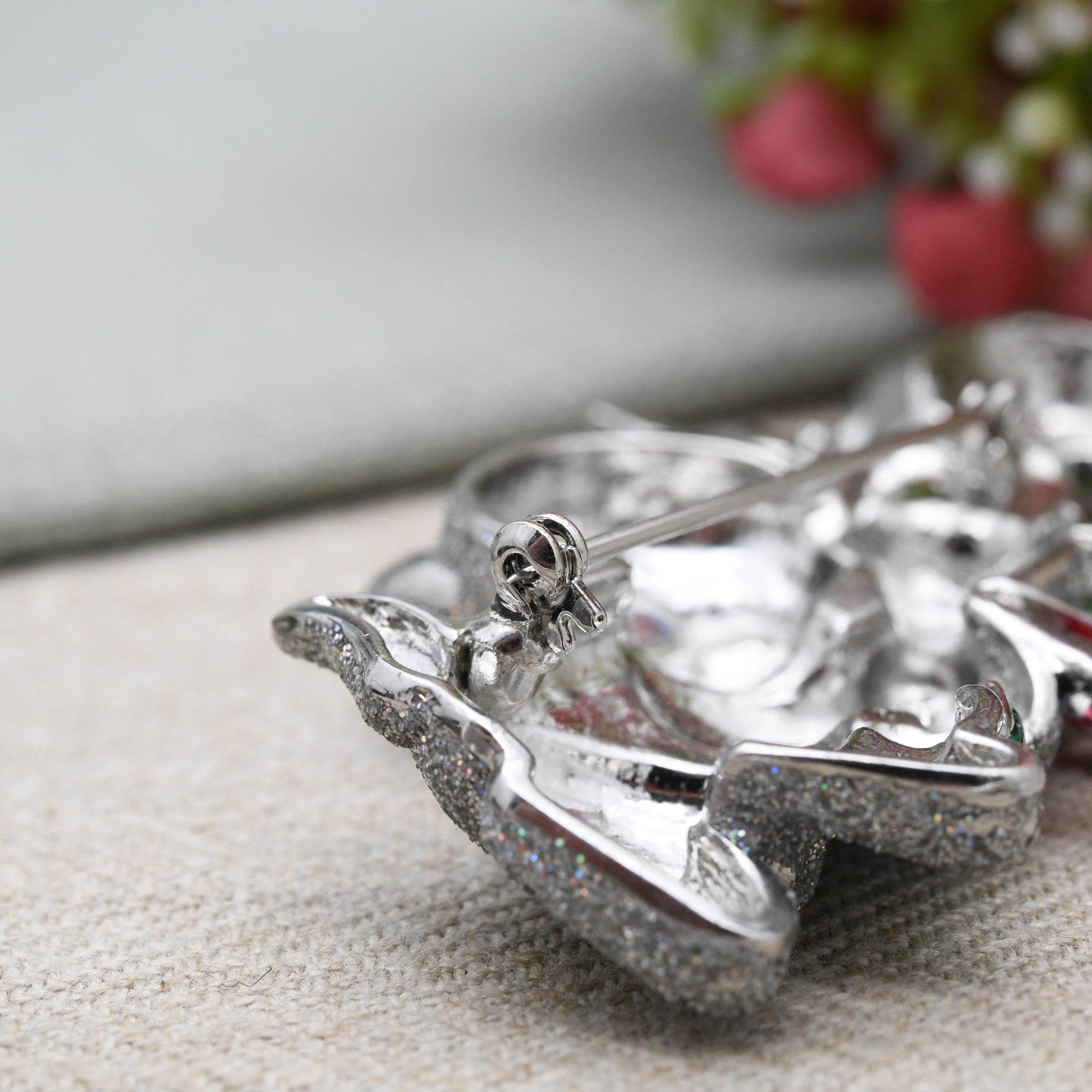 Vintage Butler & Wilson Kitten Holding Flowers Brooch - Statement Silver Cat with a Bouquet Glitter and Enamel Jewellery