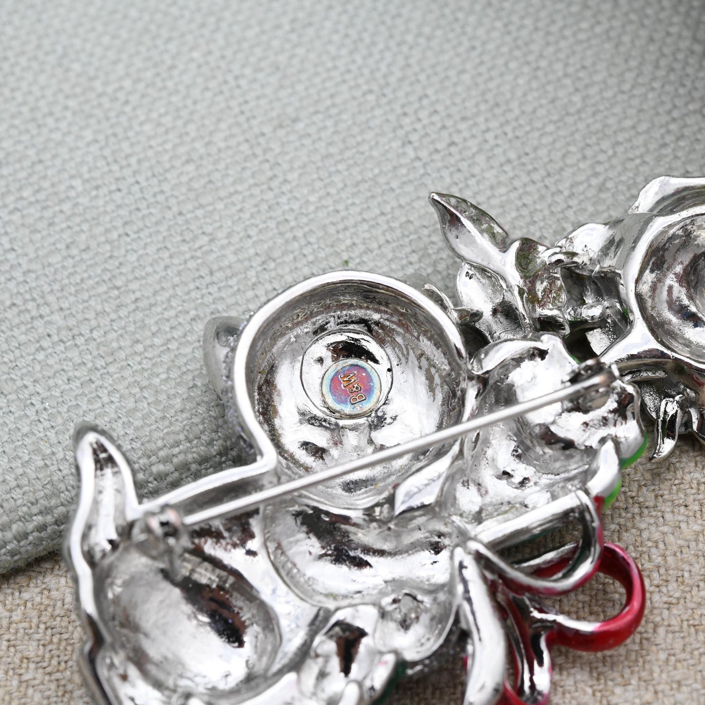 Vintage Butler & Wilson Kitten Holding Flowers Brooch - Statement Silver Cat with a Bouquet Glitter and Enamel Jewellery