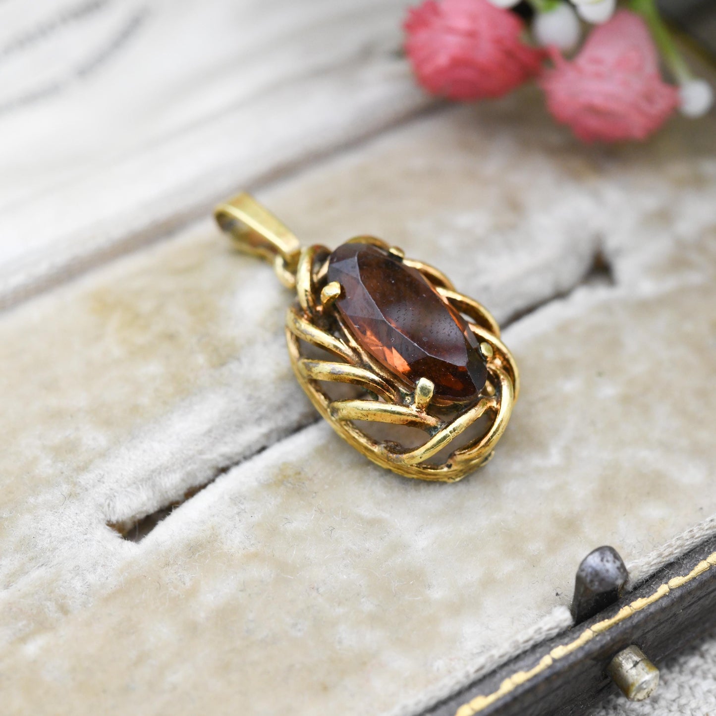 Vintage Andreas Daub Gold Plated Twist Pendant with Marquise Stone A*D - Mid-Century Brown Gemstone | German Designer