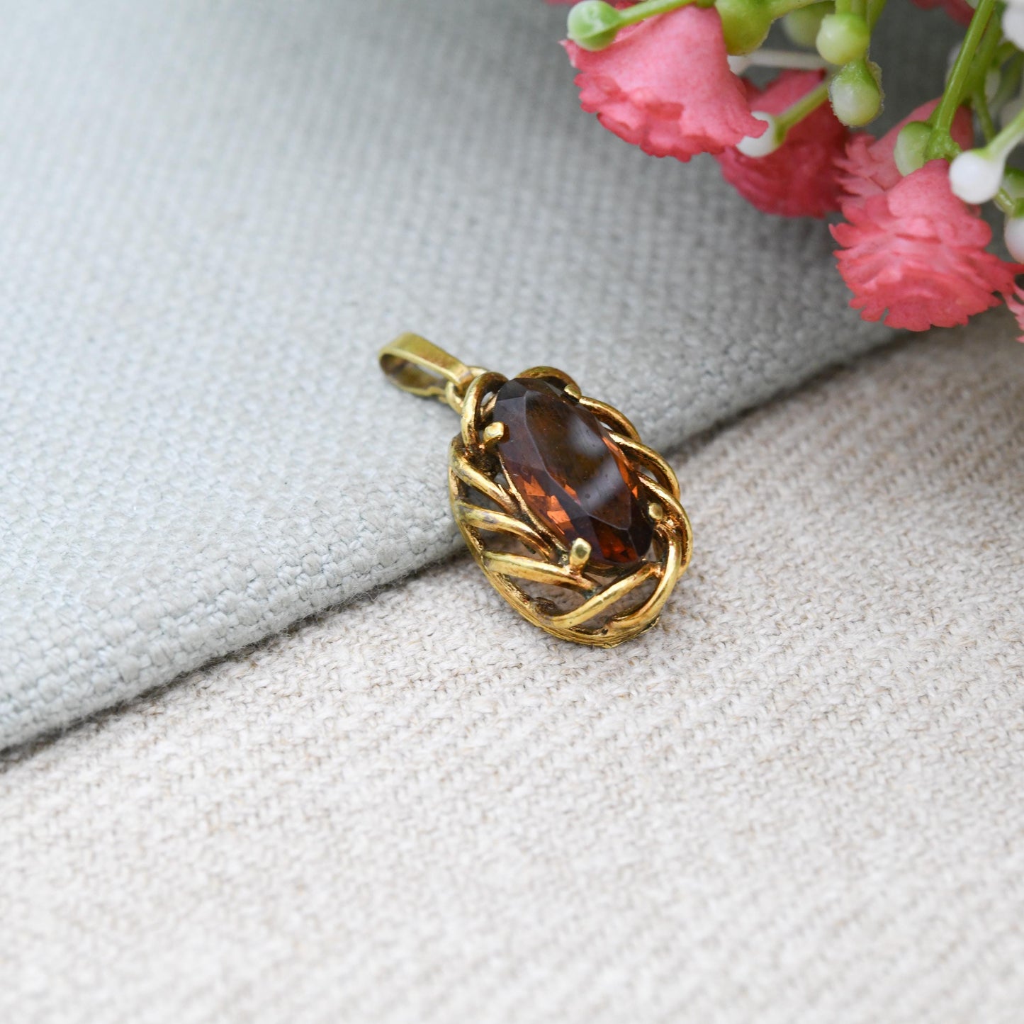 Vintage Andreas Daub Gold Plated Twist Pendant with Marquise Stone A*D - Mid-Century Brown Gemstone | German Designer