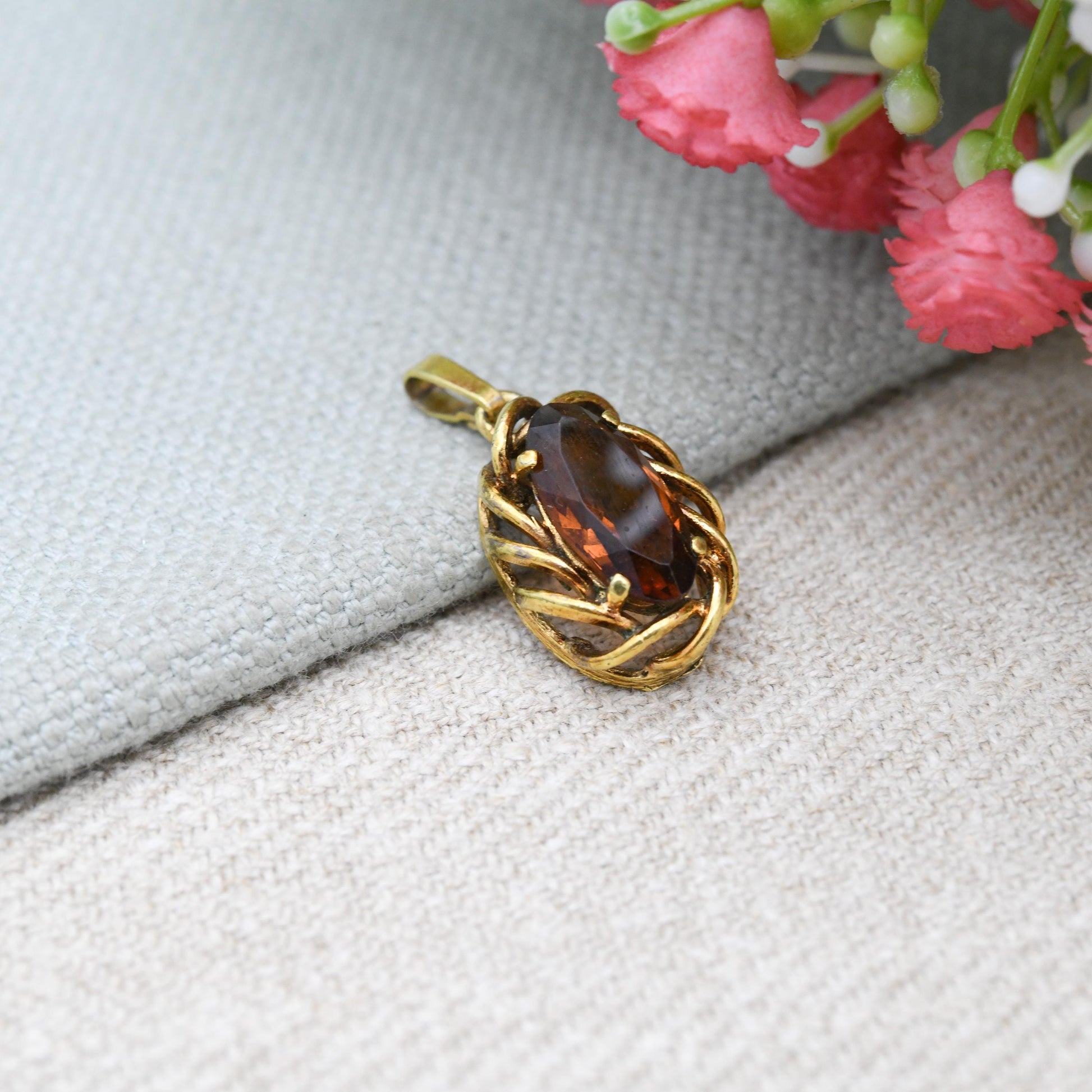 Vintage Andreas Daub Gold Plated Twist Pendant with Marquise Stone A*D - Mid-Century Brown Gemstone | German Designer