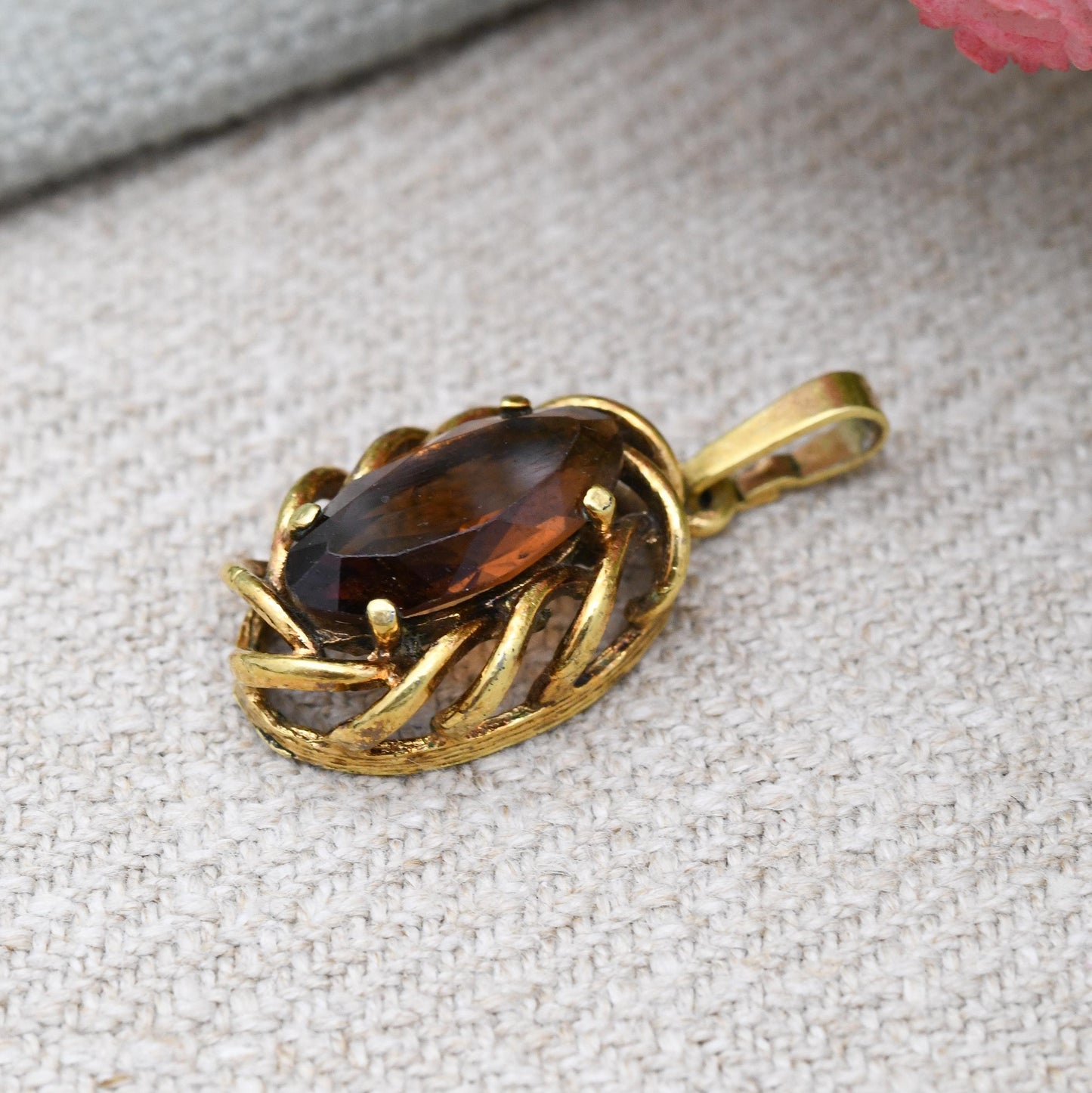 Vintage Andreas Daub Gold Plated Twist Pendant with Marquise Stone A*D - Mid-Century Brown Gemstone | German Designer
