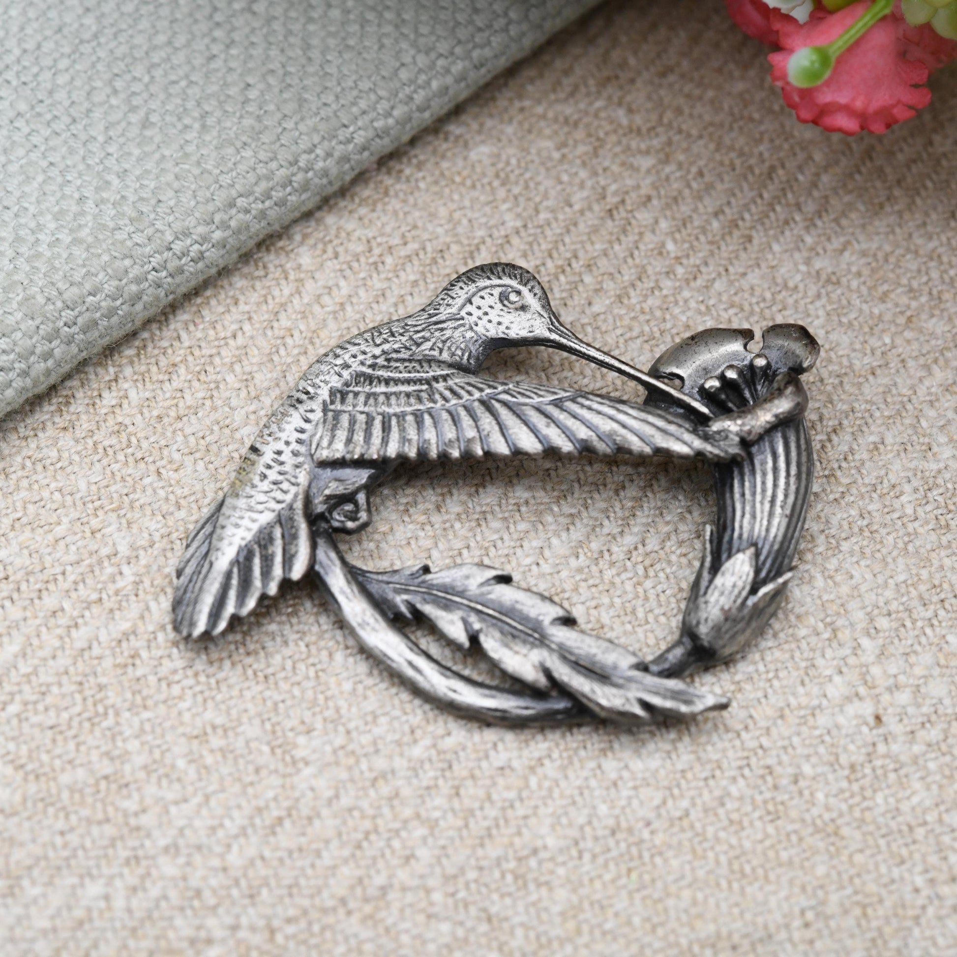 Vintage Pewter Hummingbird and Flower Brooch by Sid Bell Tully NY 1970 - Signed Alaskan Silversmith