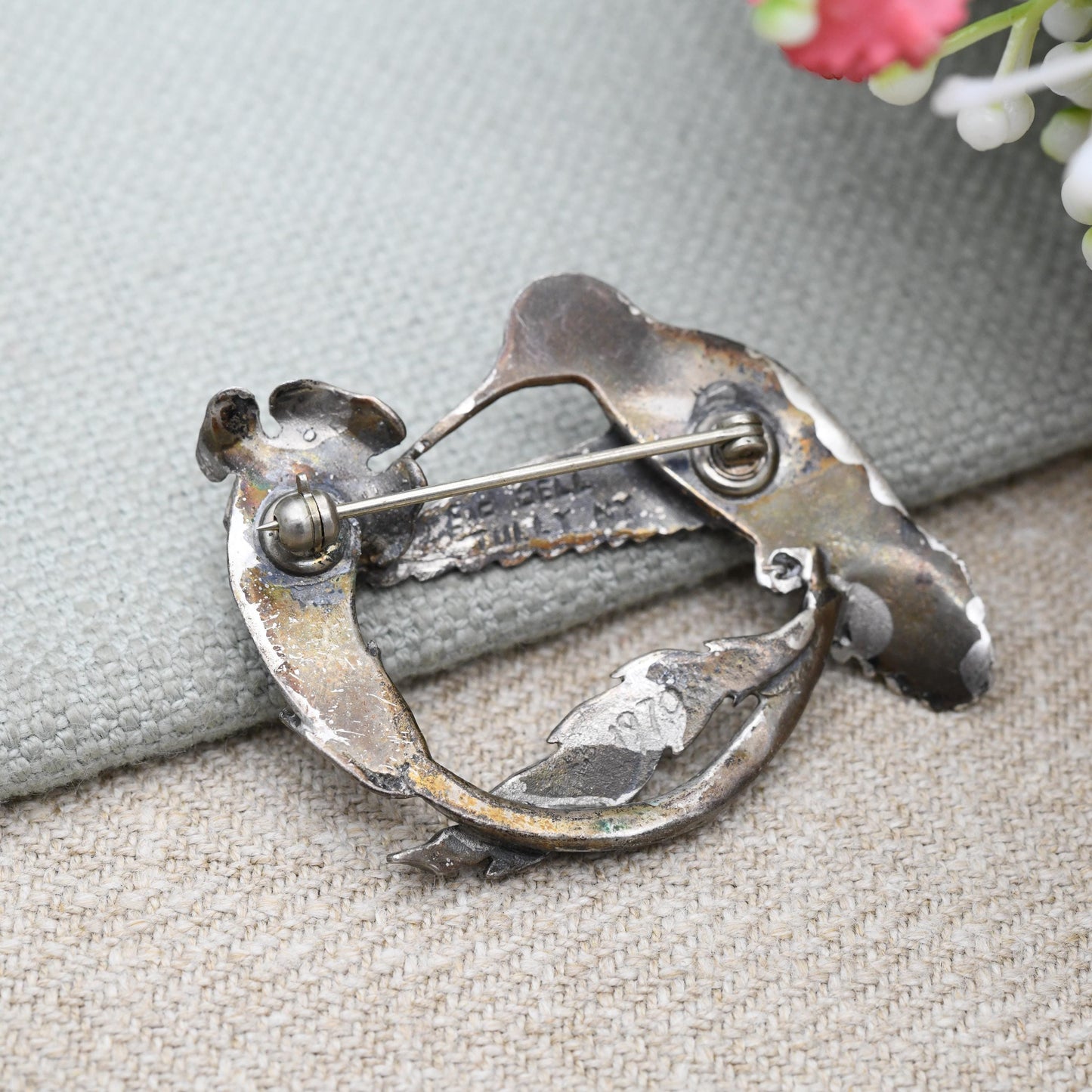 Vintage Pewter Hummingbird and Flower Brooch by Sid Bell Tully NY 1970 - Signed Alaskan Silversmith