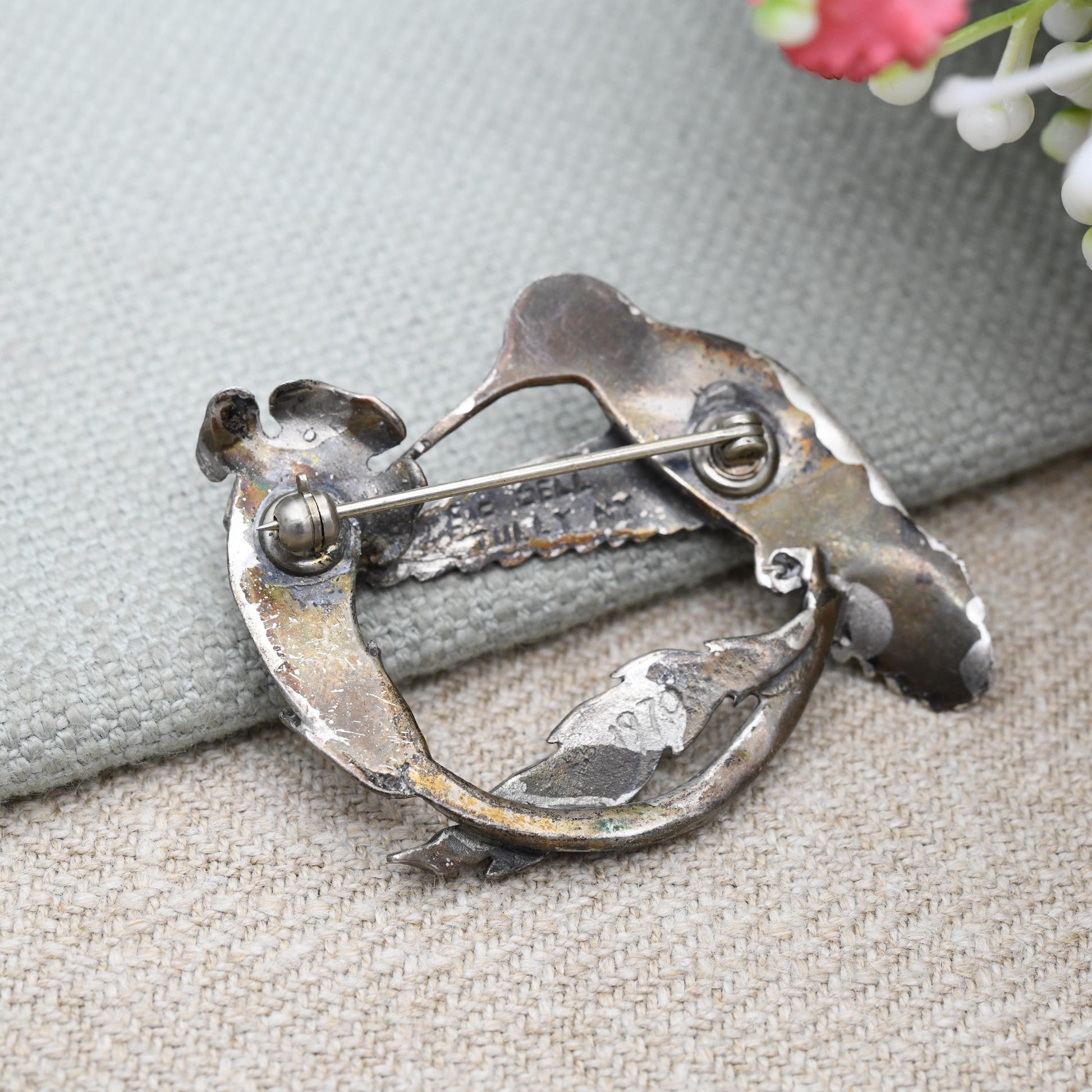 Vintage Pewter Hummingbird and Flower Brooch by Sid Bell Tully NY 1970 - Signed Alaskan Silversmith