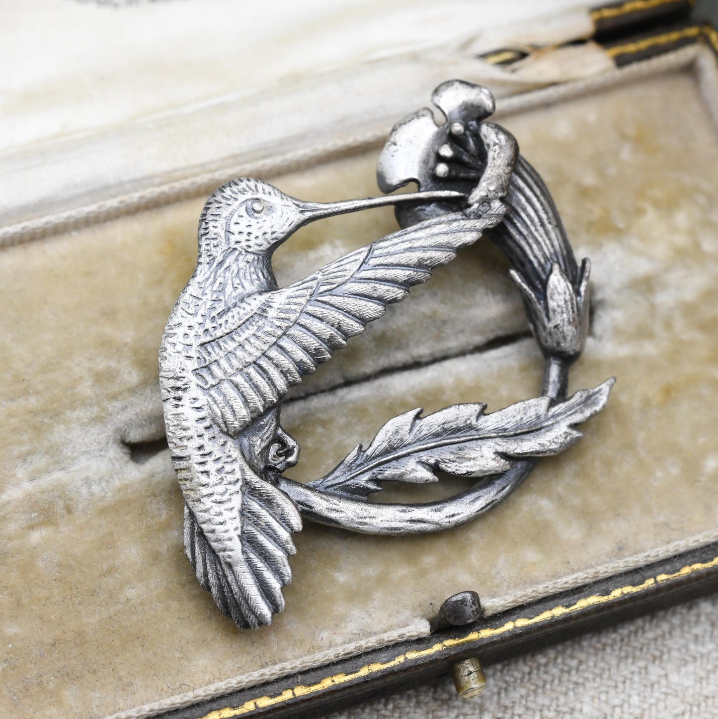 Vintage Pewter Hummingbird and Flower Brooch by Sid Bell Tully NY 1970 - Signed Alaskan Silversmith