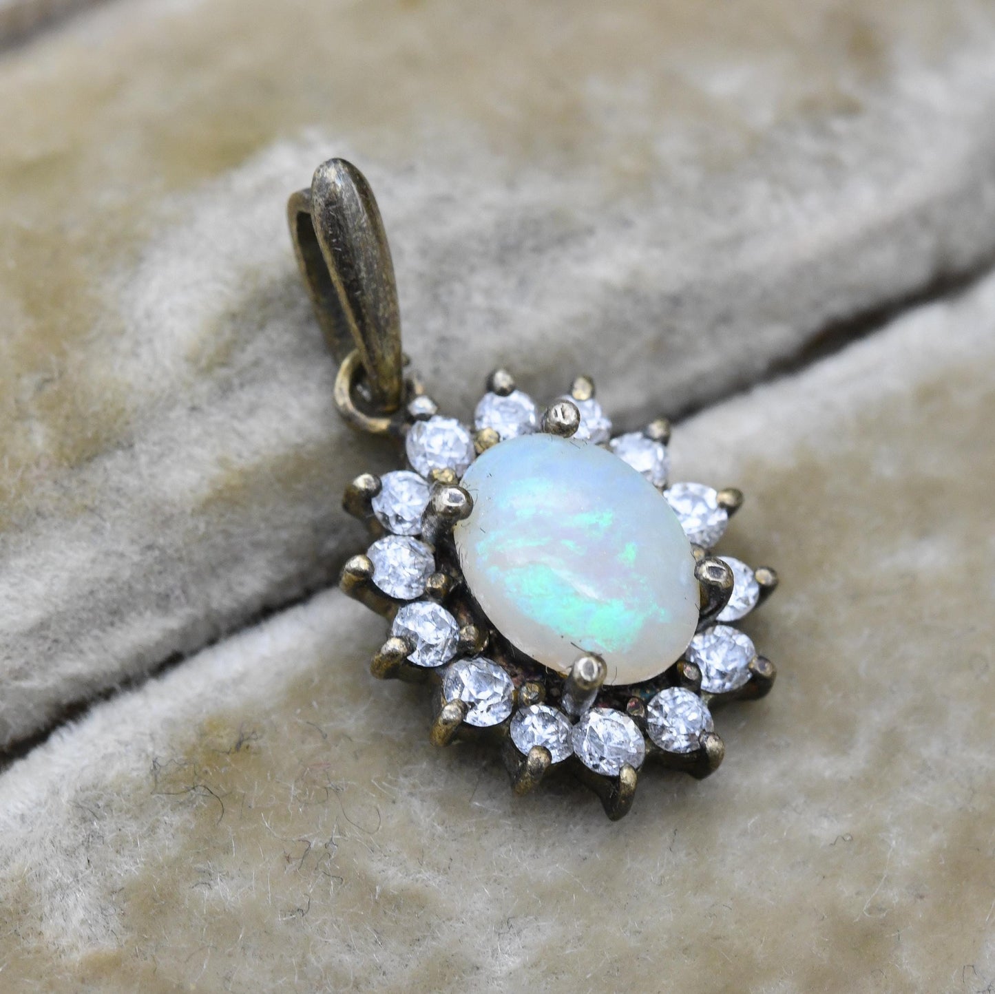Vintage Opal Halo Pendant Sterling Silver Gilt with Clear Stones
