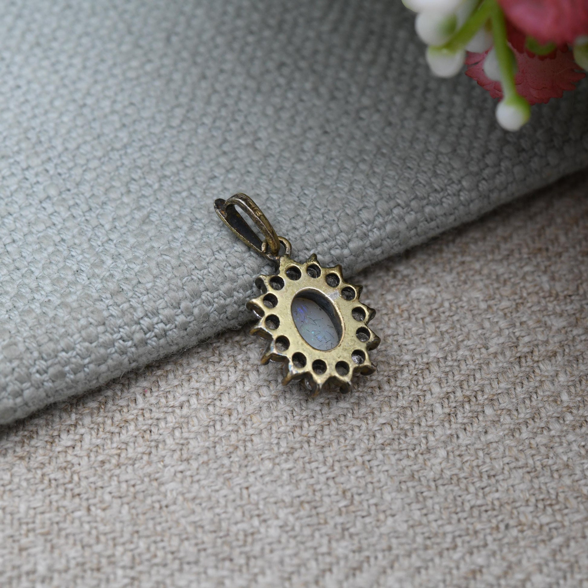 Vintage Opal Halo Pendant Sterling Silver Gilt with Clear Stones