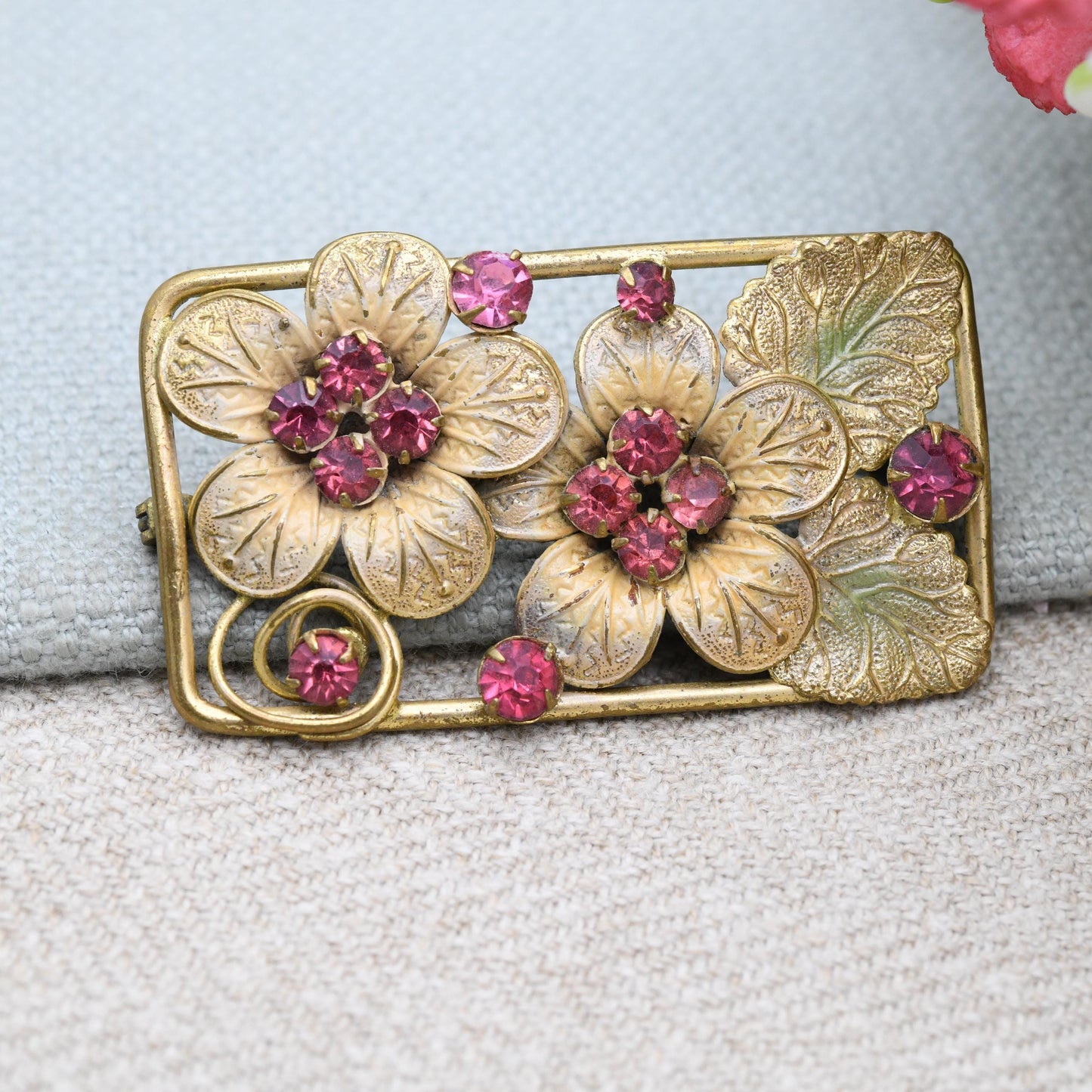 True Vintage Czech Crystal Brooch Pink Flowers c. 1930s with Uranium Glass