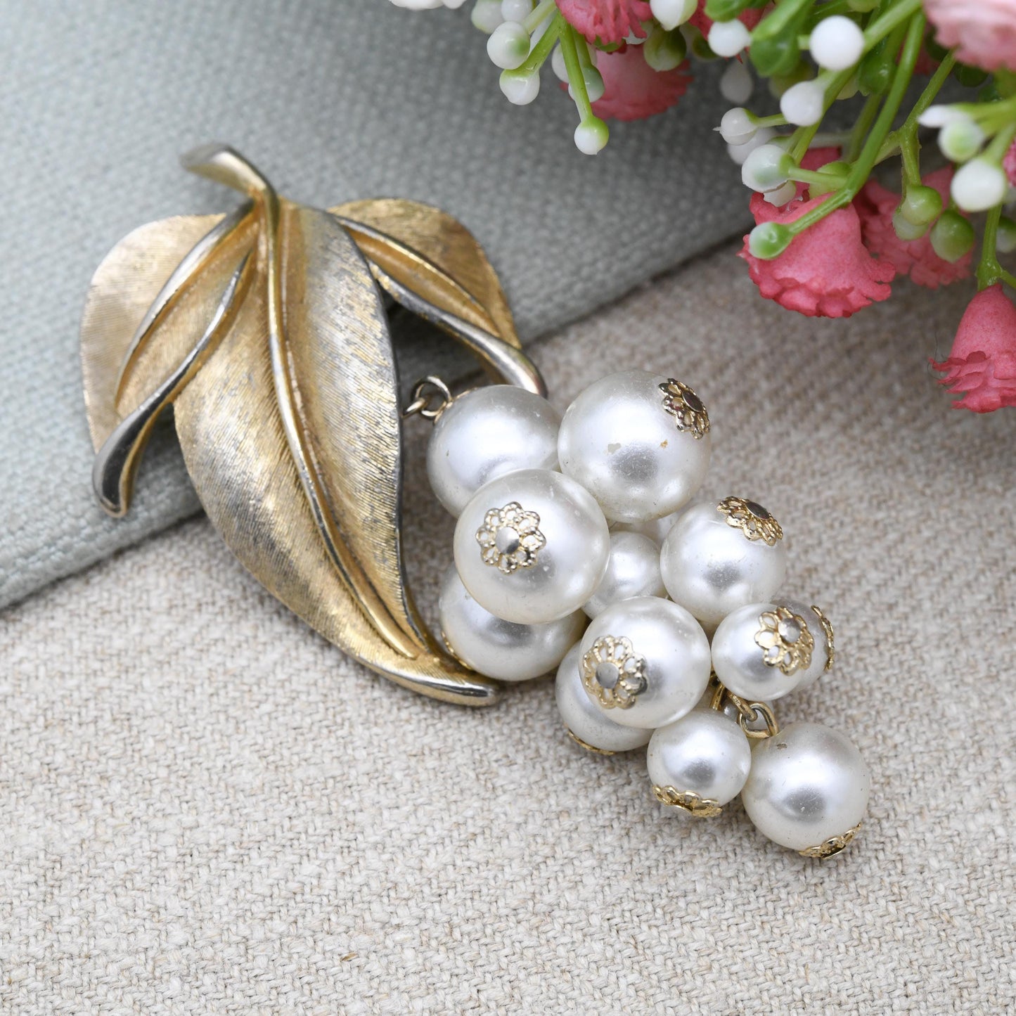 Vintage Sphinx Bunch of Grapes Brooch with Faux Pearls and Gold Tone Leaves c. 1960s
