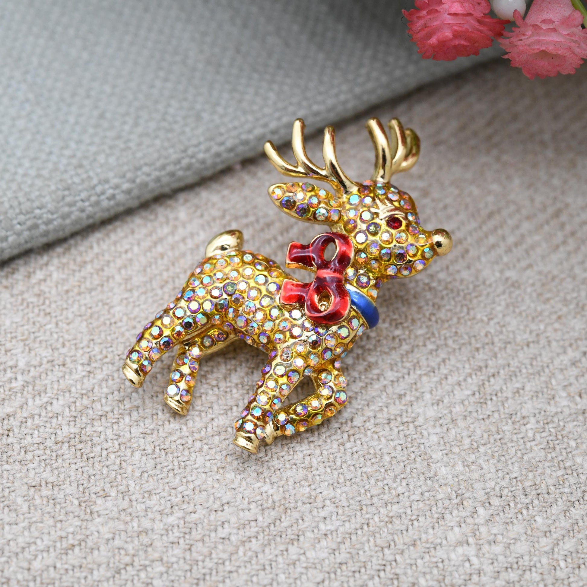 Butler & Wilson Reindeer Pin with Colourful Austrian Crystals and Enamel - Christmas Party Jewellery