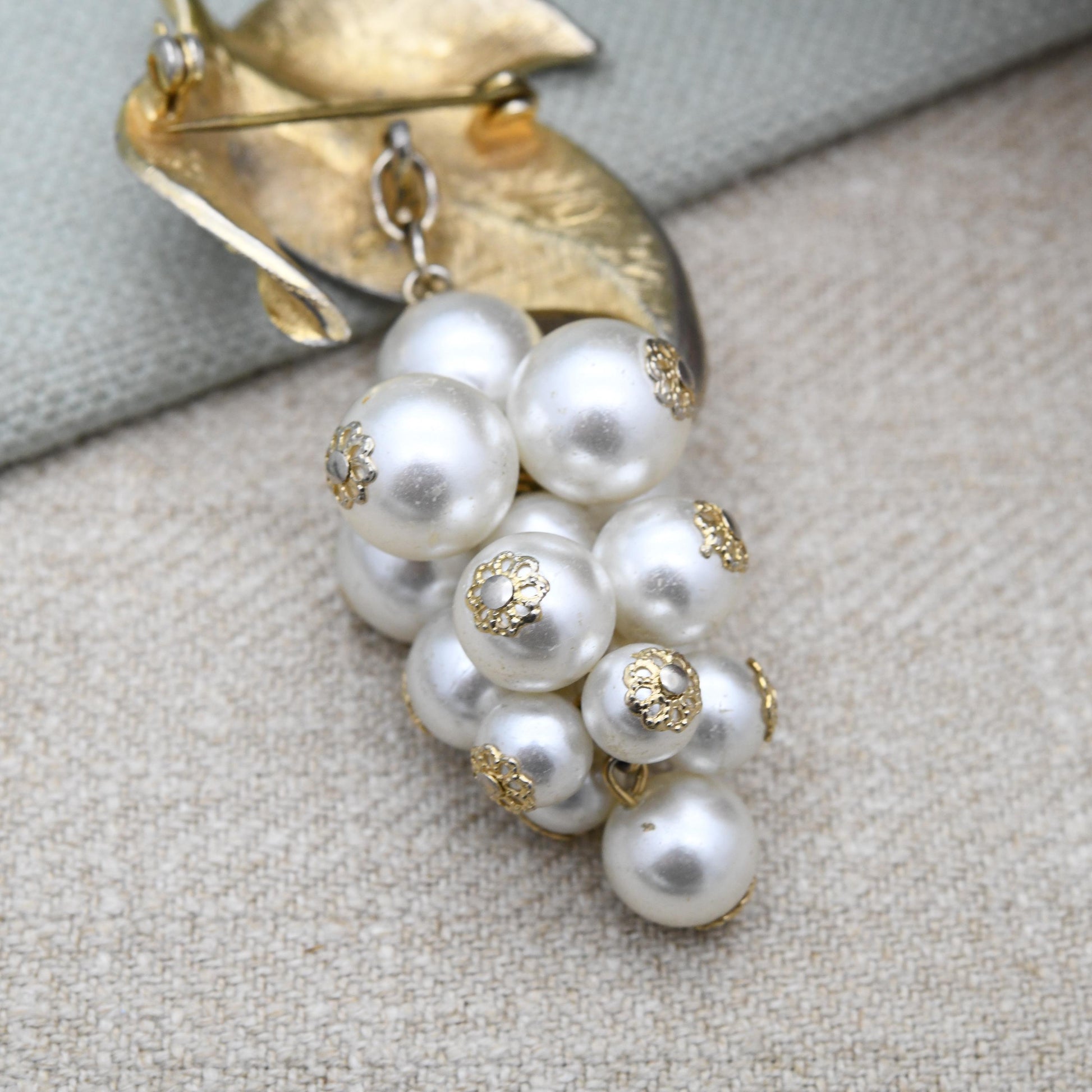 Vintage Sphinx Bunch of Grapes Brooch with Faux Pearls and Gold Tone Leaves c. 1960s