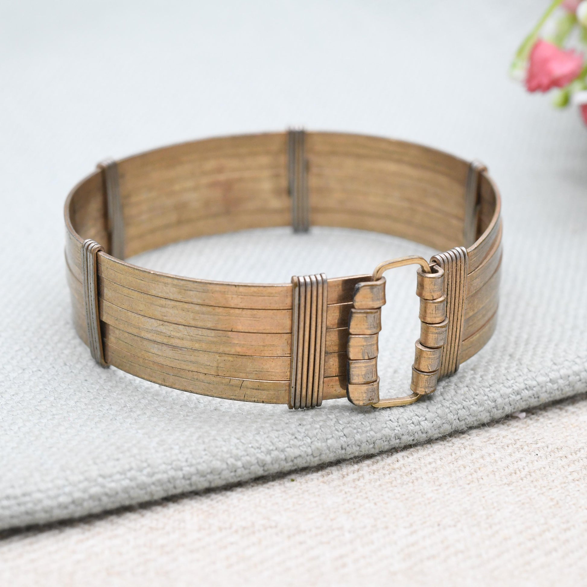 Vintage Rolled Gold Buckle Bangle Bracelet - Multi Band Wirework Chunky Unisex Mid-Century Jewellery