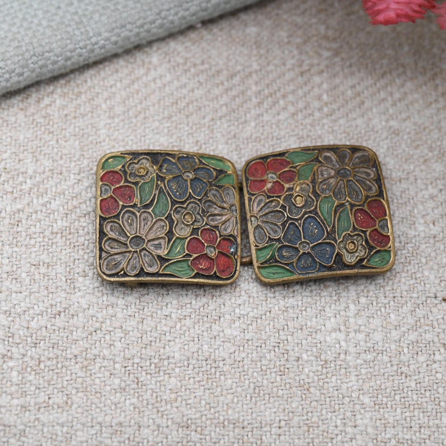 Art Deco Enamel Floral Belt Buckle c. 1930s True Vintage - Ornate Flower Design on Brass