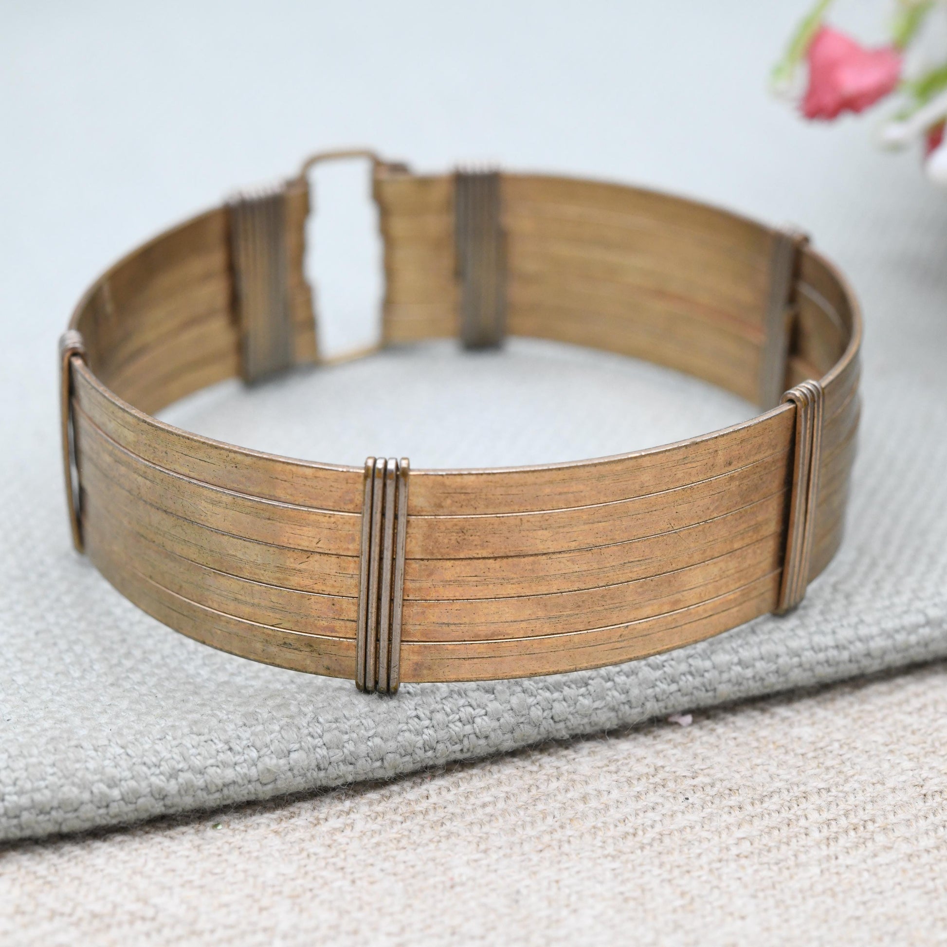 Vintage Rolled Gold Buckle Bangle Bracelet - Multi Band Wirework Chunky Unisex Mid-Century Jewellery