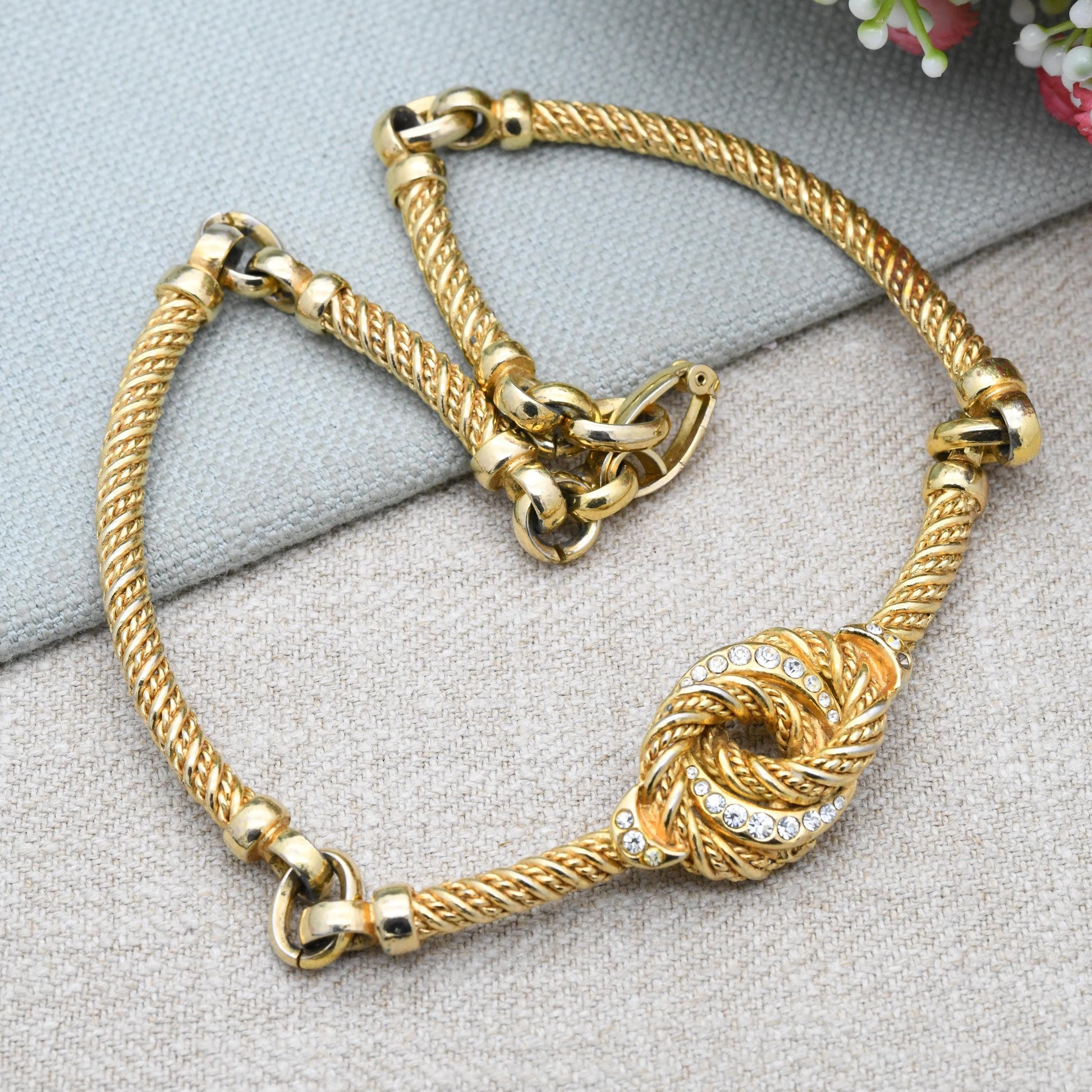 Vintage Grossé Love Knot Necklace 1973 German Designer Signed Jewellery - Gold Plated Crystals Woven Rope Twist Knot of Hercules