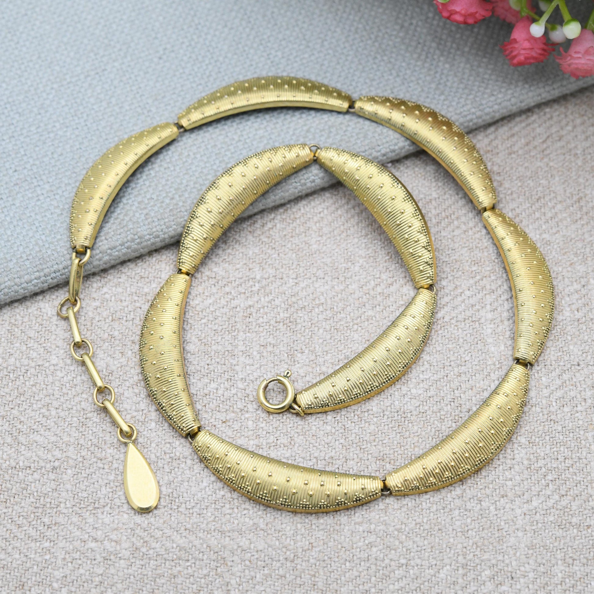 Vintage Americ Rolled Gold Panel Necklace by Kollmar & Jourdan KJ - Mid-Century Textured Jewellery by German Designer