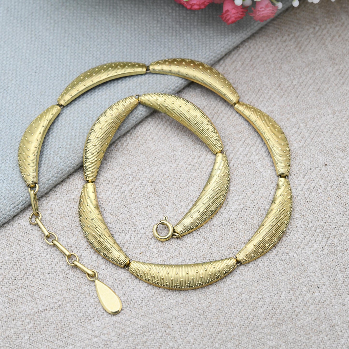 Vintage Americ Rolled Gold Panel Necklace by Kollmar & Jourdan KJ - Mid-Century Textured Jewellery by German Designer