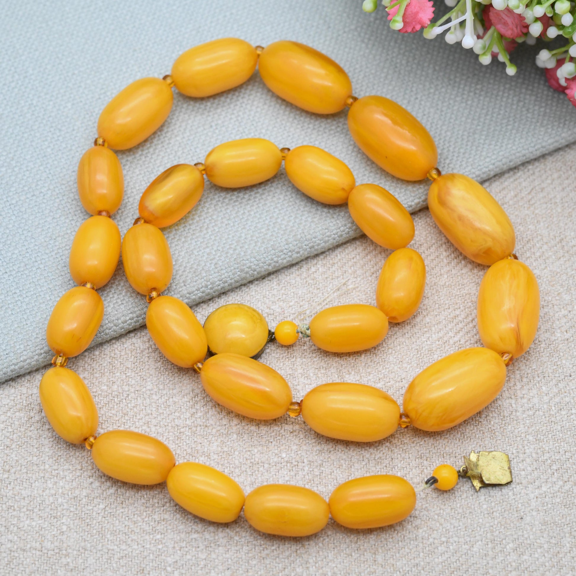 Vintage Butterscotch Bakelite Bead Necklace c. 1930s - Graduated Egg Yolk Yellow with Spacers