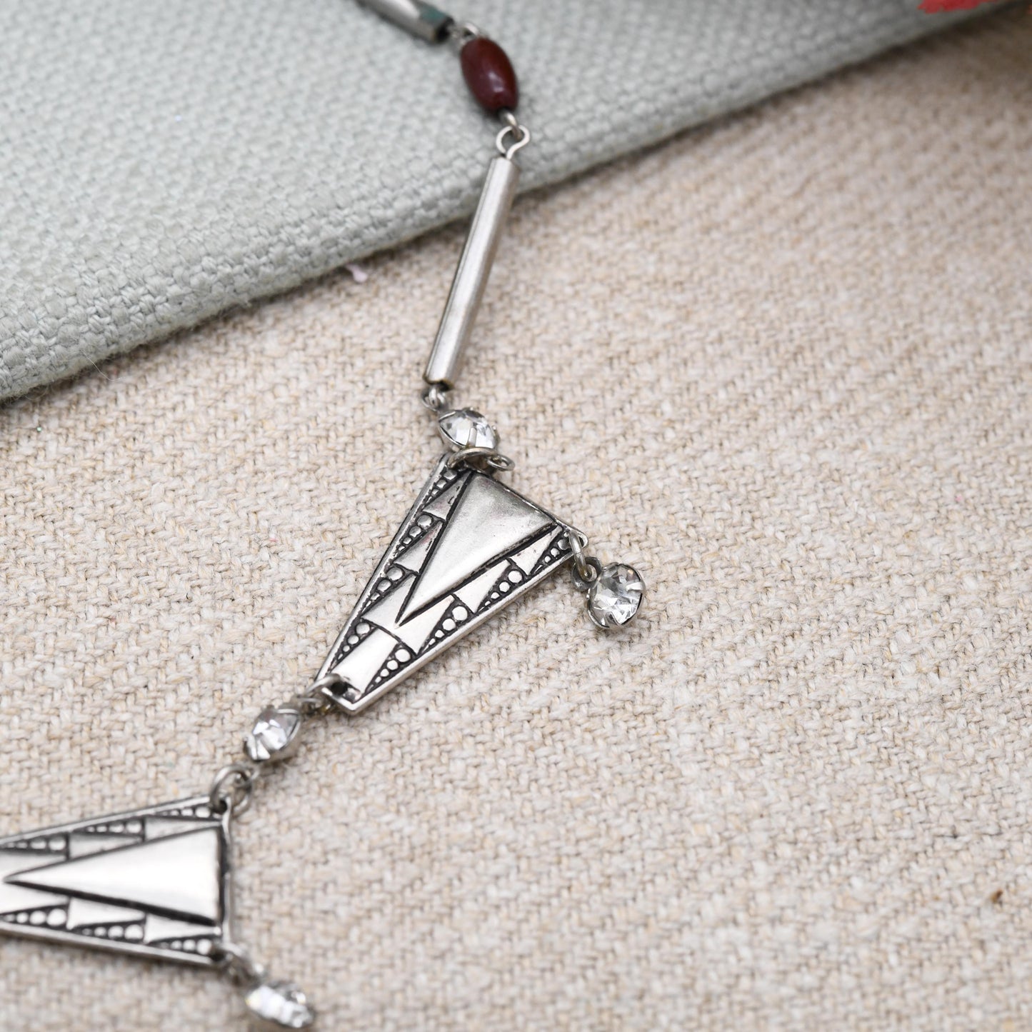 Vintage Art Deco Geometric Necklace Made in Czechoslovakia c. 1930s - Chrome Plated with Glass Beads