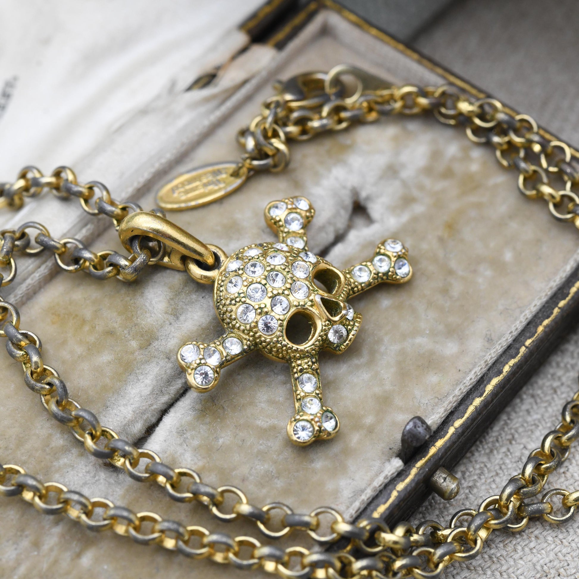 Vintage Vivienne Westwood Gold Plated Crystal Skull and Crossbones Pendant Necklace - c. Y2K Branded Costume Jewellery