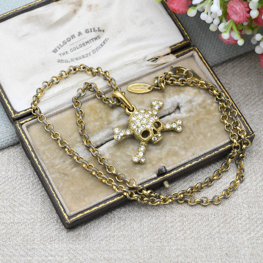 Vintage Vivienne Westwood Gold Plated Crystal Skull and Crossbones Pendant Necklace - c. Y2K Branded Costume Jewellery