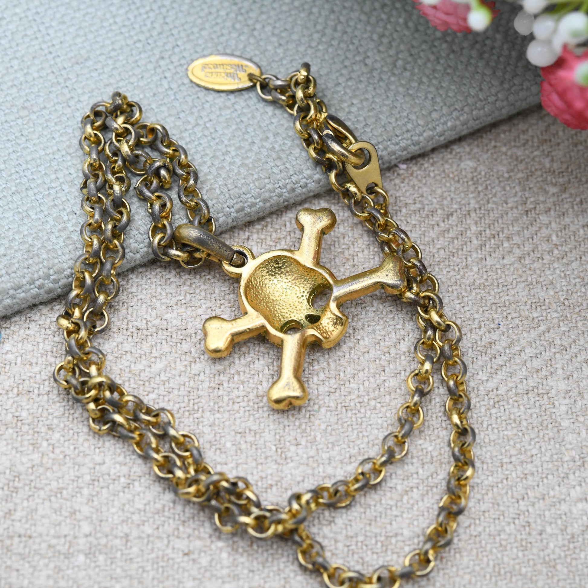 Vintage Vivienne Westwood Gold Plated Crystal Skull and Crossbones Pendant Necklace - c. Y2K Branded Costume Jewellery
