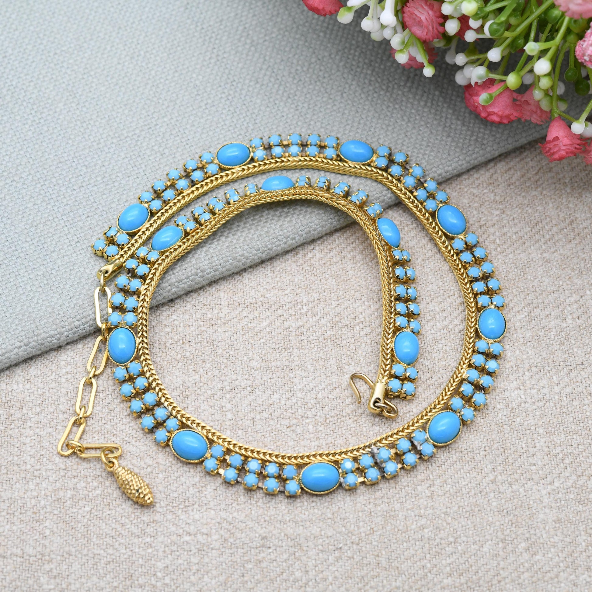 Vintage Pennino Turquoise Glass Necklace Gold Tone with Cabochon and Chaton Stones c. 1960s - Adjustable Length 17"