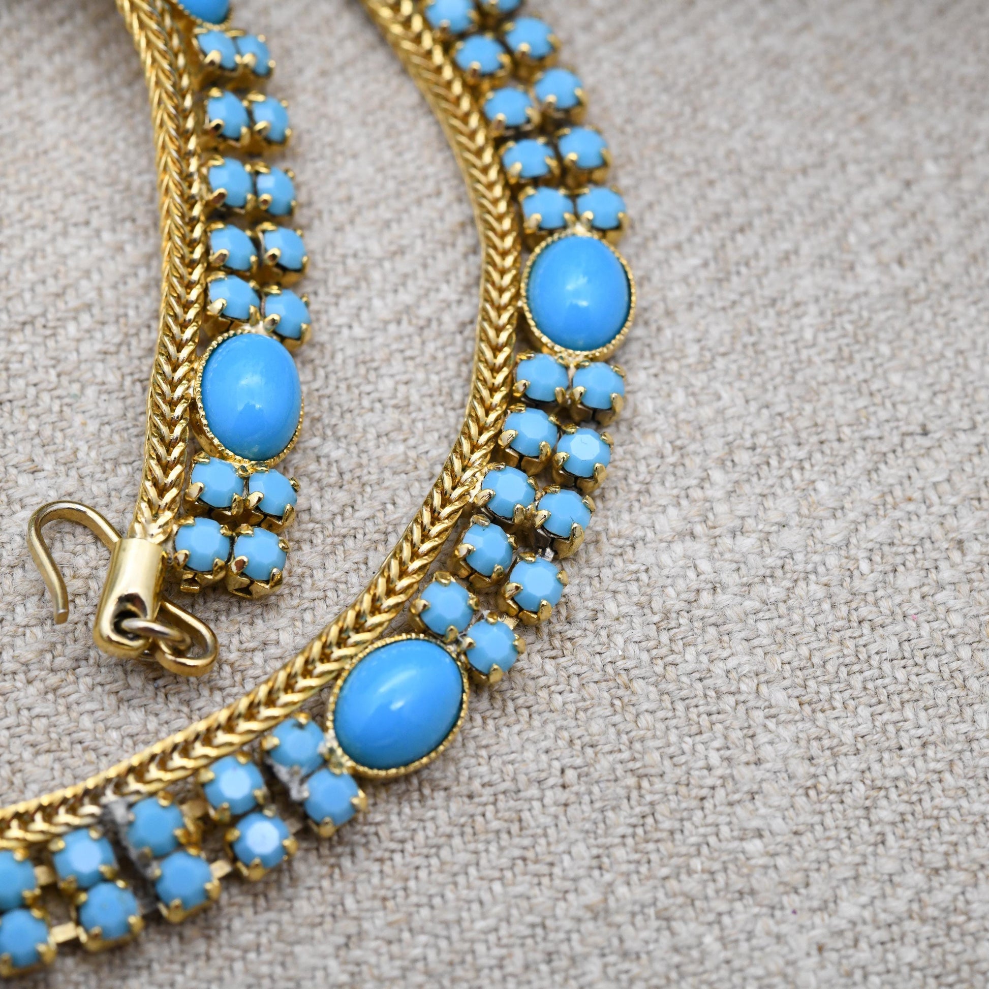 Vintage Pennino Turquoise Glass Necklace Gold Tone with Cabochon and Chaton Stones c. 1960s - Adjustable Length 17"