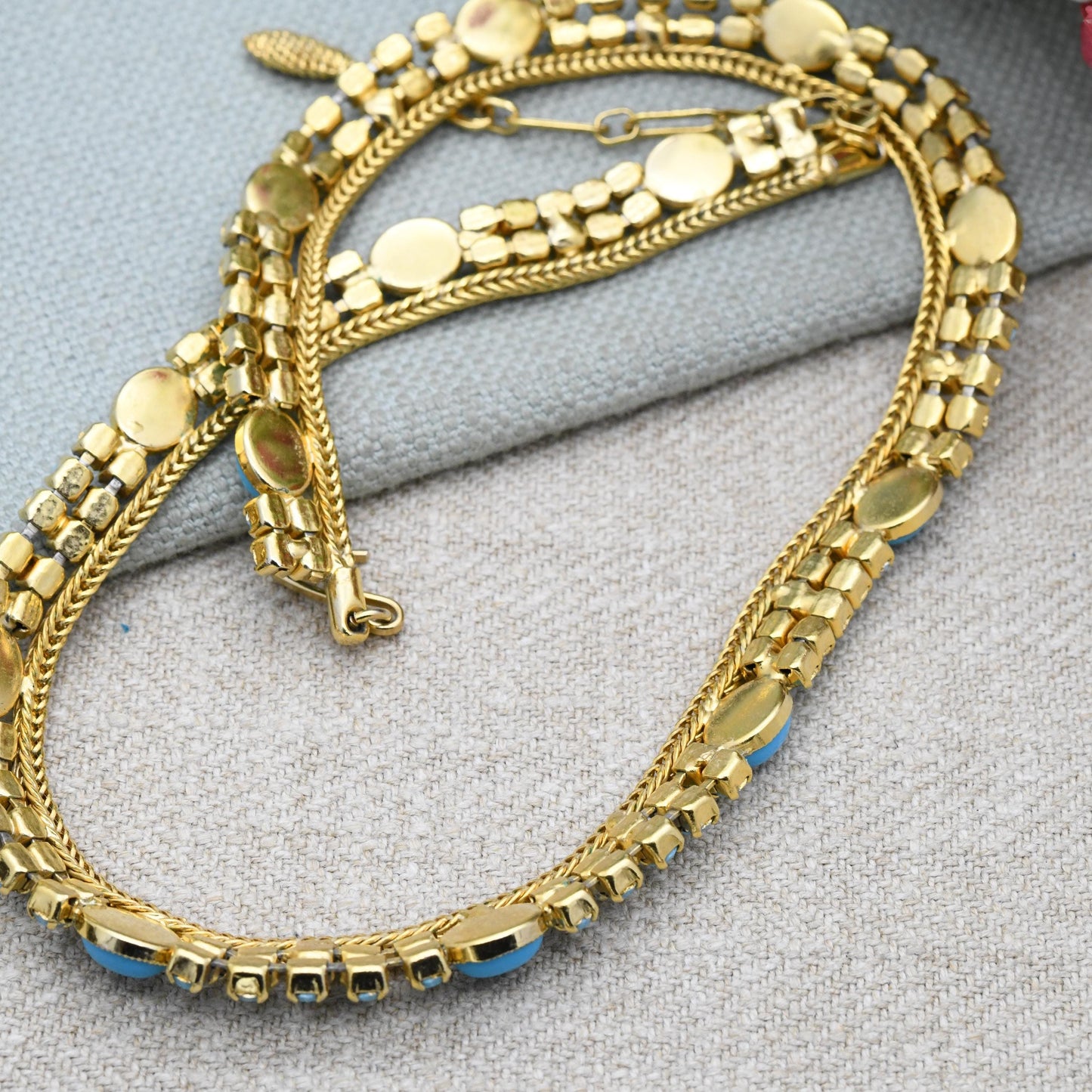 Vintage Pennino Turquoise Glass Necklace Gold Tone with Cabochon and Chaton Stones c. 1960s - Adjustable Length 17"