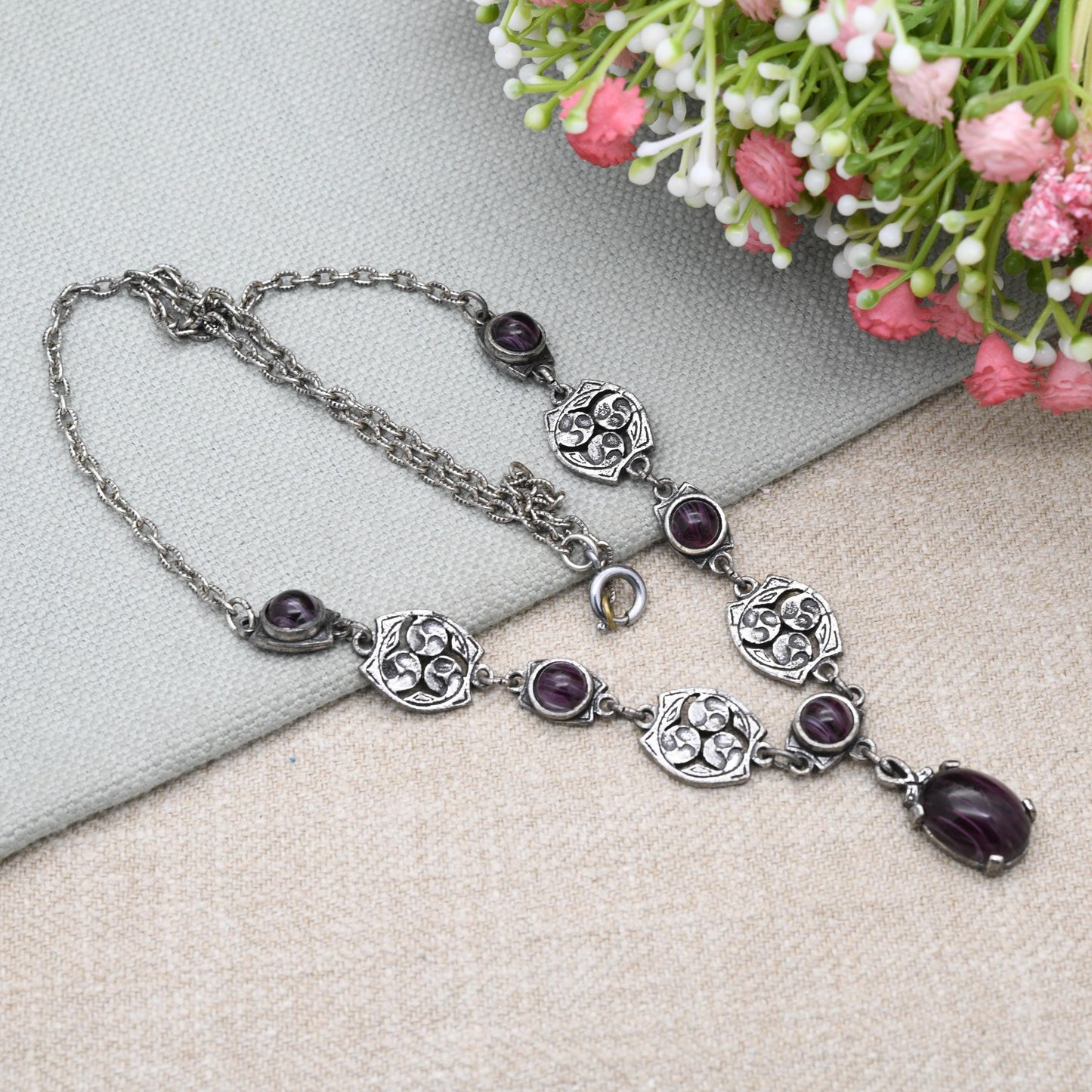 Vintage Miracle Celtic Necklace with Purple Glass Cabochon Stones c. 1980s - Imitation Amethyst