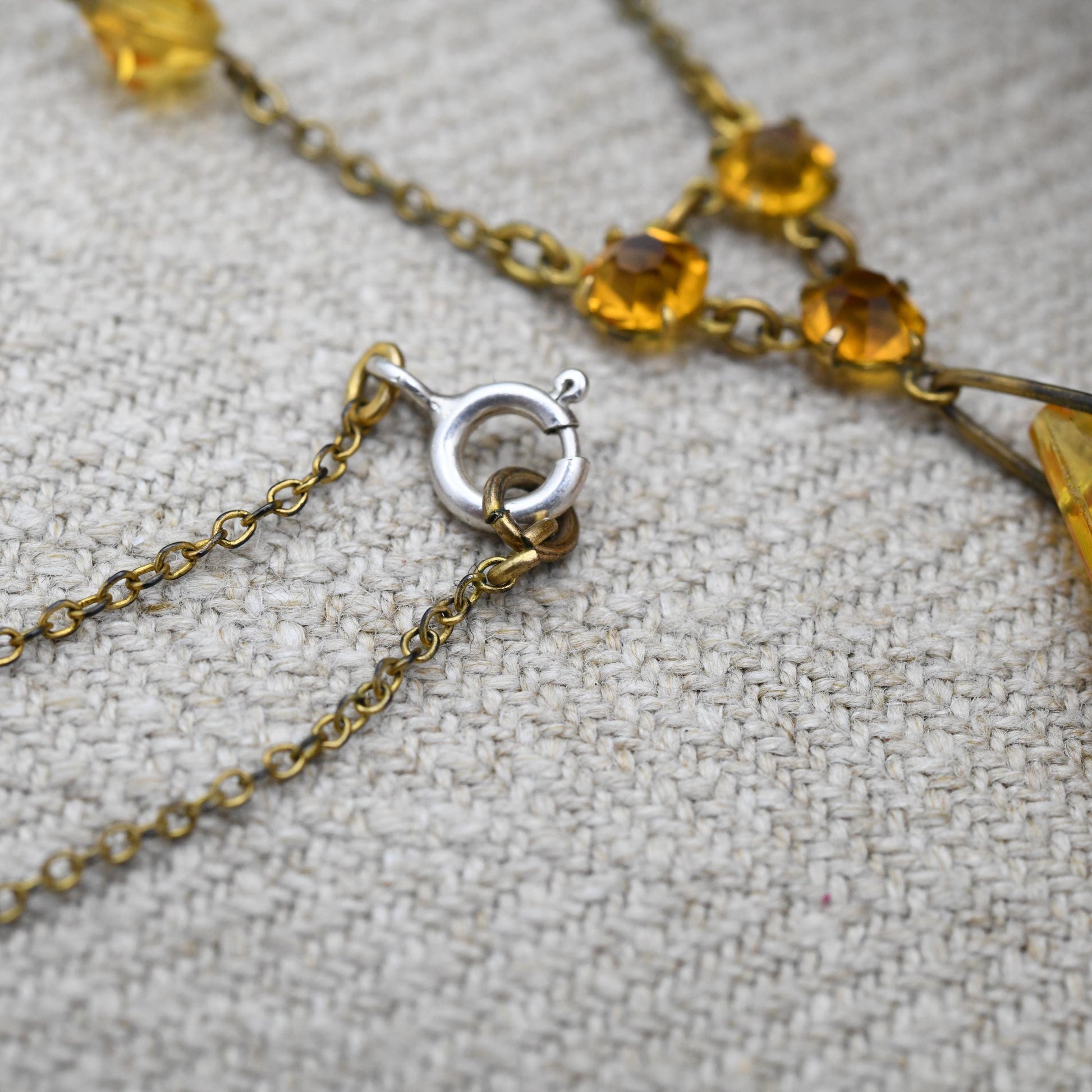 Antique Art Deco Orange Crystal Glass Integral Pendant Necklace c. 1920s