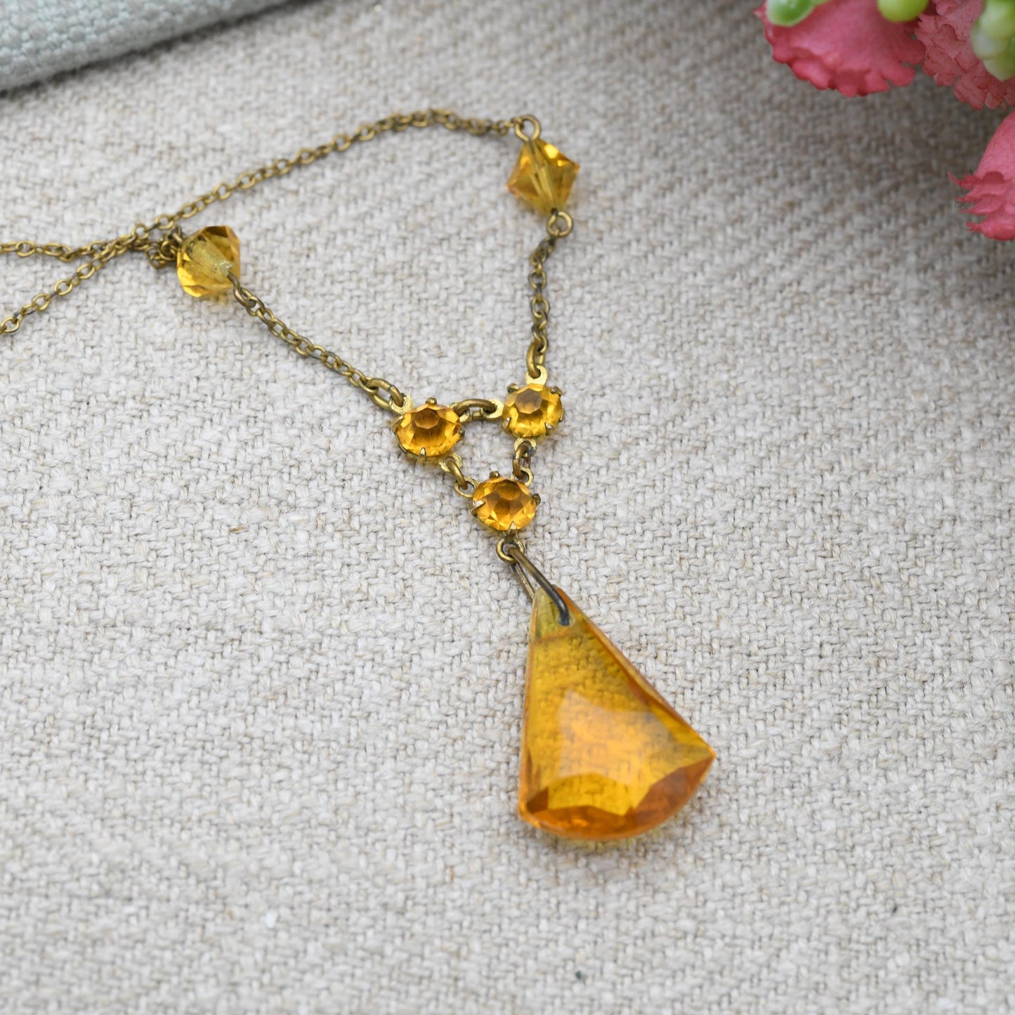 Antique Art Deco Orange Crystal Glass Integral Pendant Necklace c. 1920s