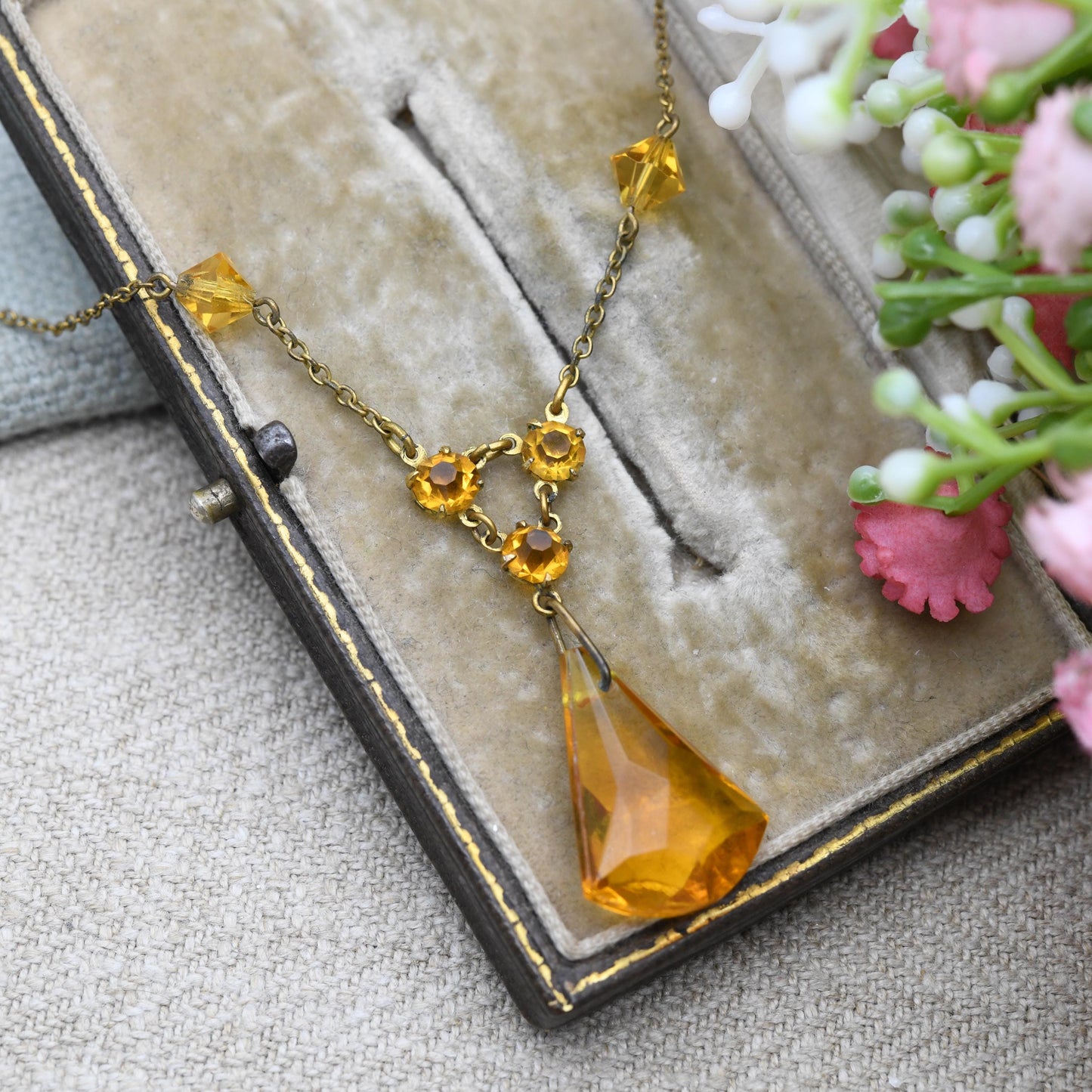 Antique Art Deco Orange Crystal Glass Integral Pendant Necklace c. 1920s