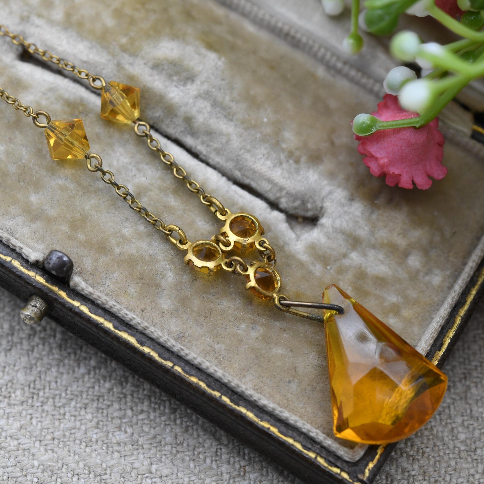 Antique Art Deco Orange Crystal Glass Integral Pendant Necklace c. 1920s