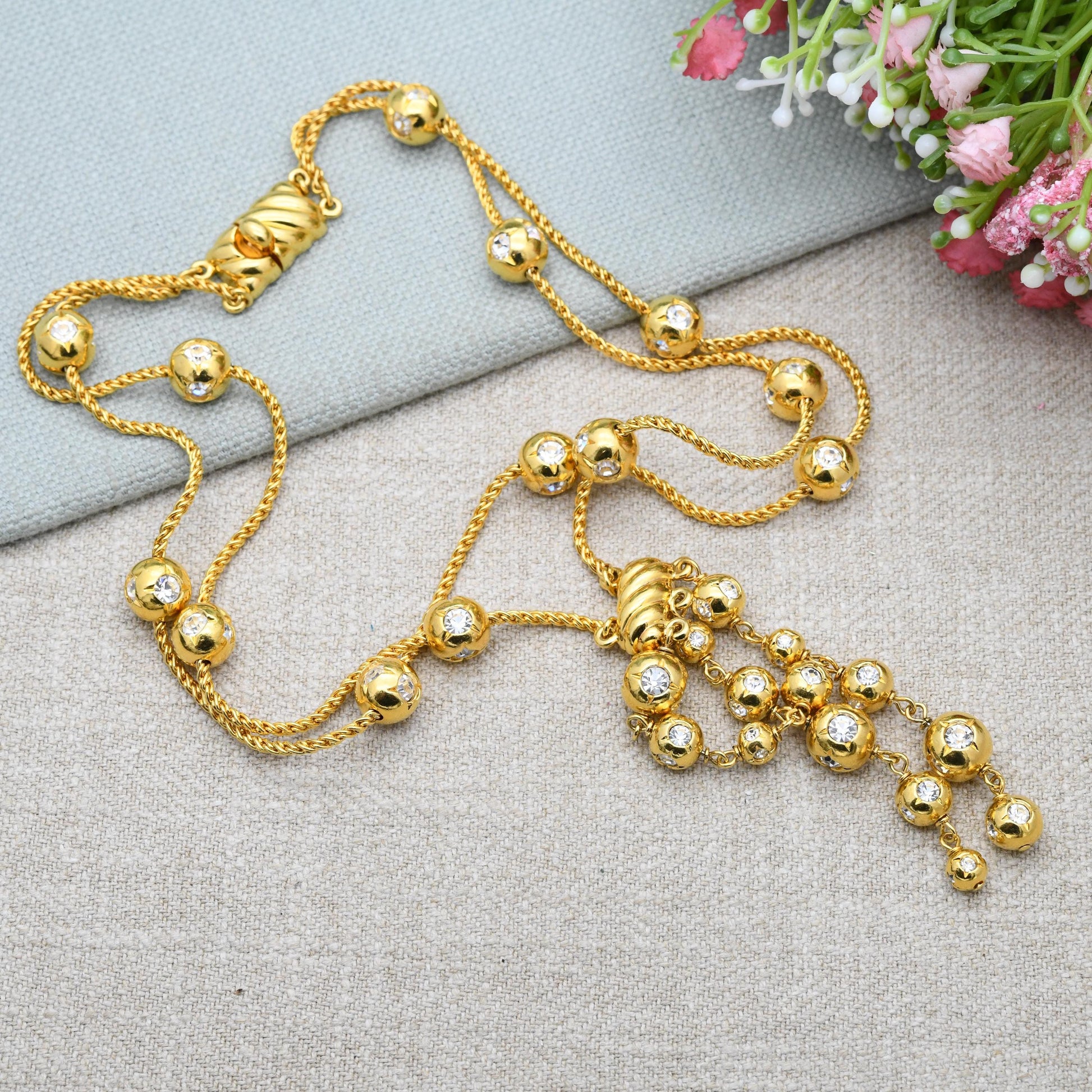 Vintage Swarovski Crystal Ball and Tassel Drop Necklace - Statement Designer Gold Tone Jewellery