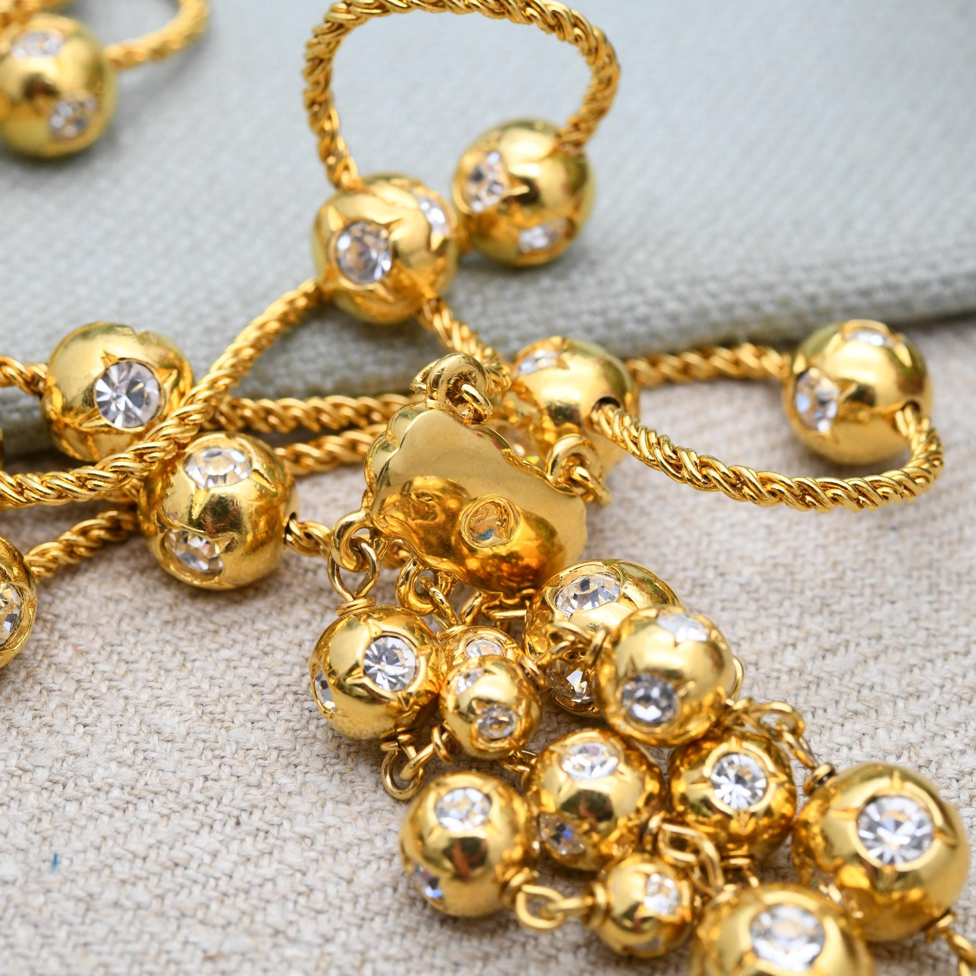 Vintage Swarovski Crystal Ball and Tassel Drop Necklace - Statement Designer Gold Tone Jewellery