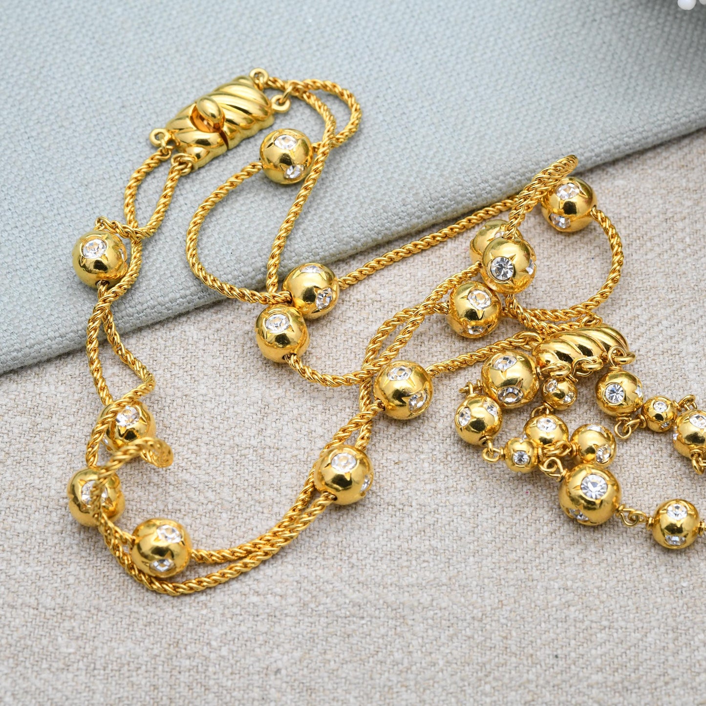 Vintage Swarovski Crystal Ball and Tassel Drop Necklace - Statement Designer Gold Tone Jewellery